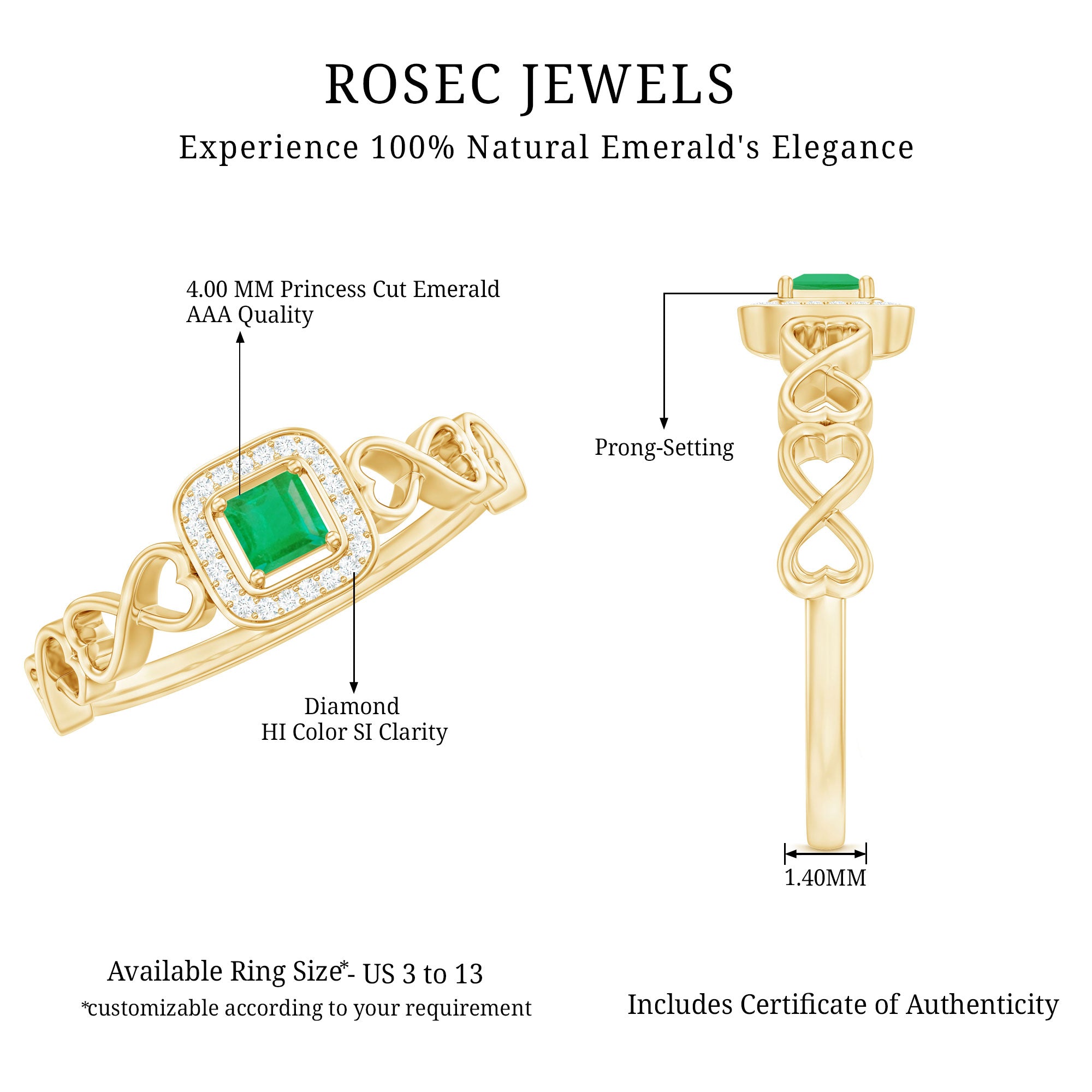 Rosec Jewels-Natural Princess Cut Emerald Diamond Promise Ring For Her