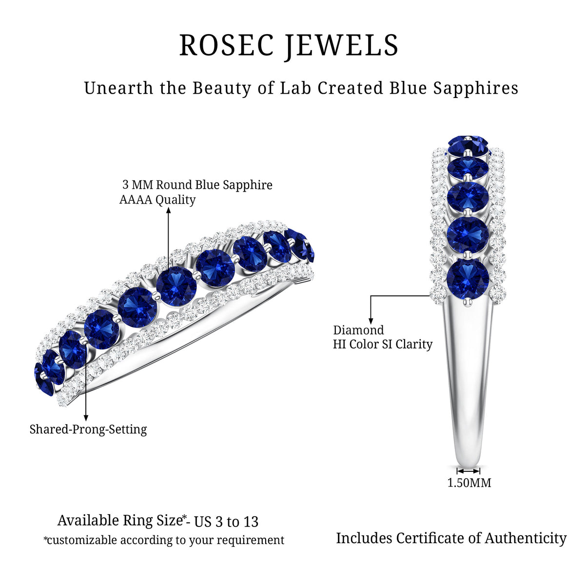 Certified Lab Grown Blue Sapphire Half Eternity Band Ring with Diamond AAAA - Rosec Jewels