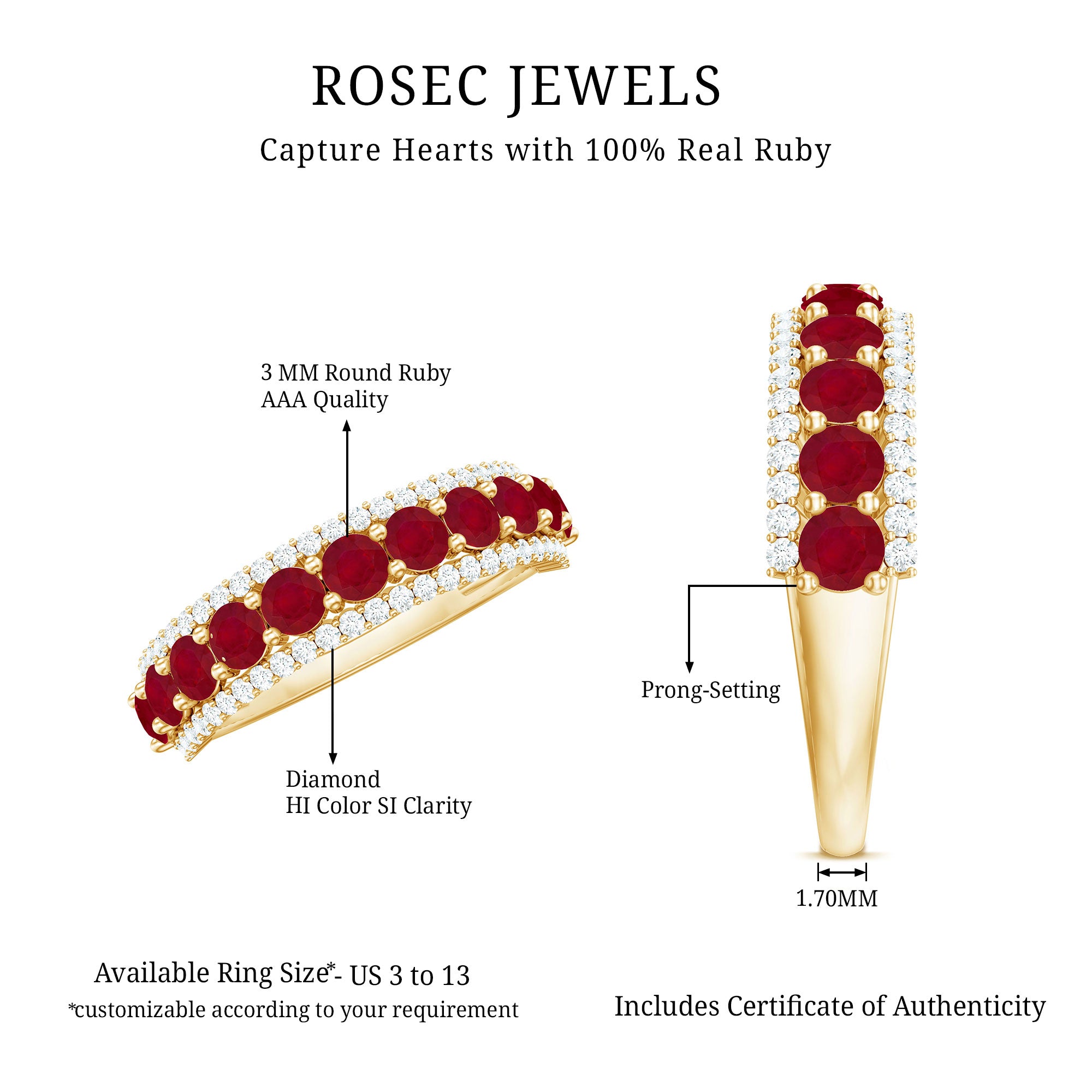 Natural Ruby Diamond Half Eternity Anniversary Band Ring for Women AAA - Rosec Jewels