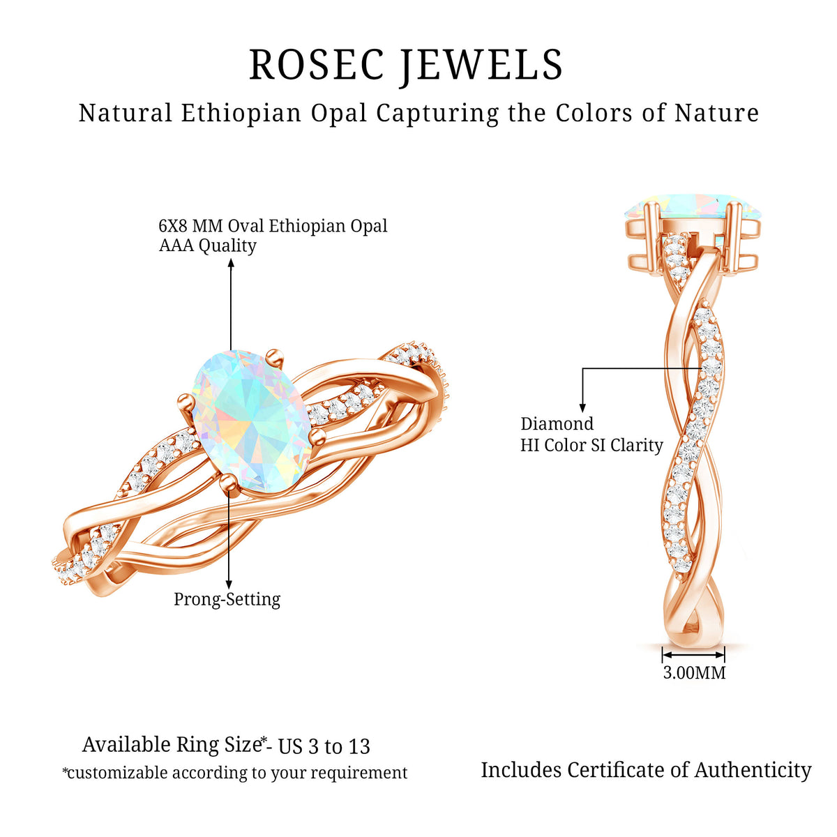 1 Carat Natural Opalescent Oval Engagement Ring with Diamond Braided Shank AAA - Rosec Jewels
