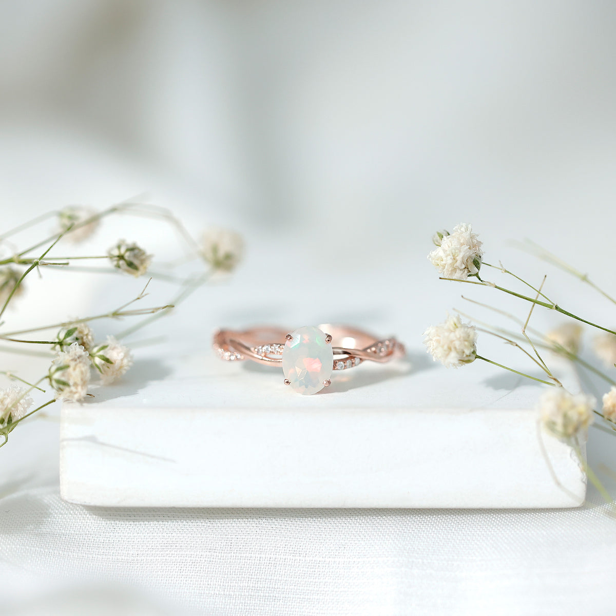 1 Carat Natural Opalescent Oval Engagement Ring with Diamond Braided Shank AAA - Rosec Jewels