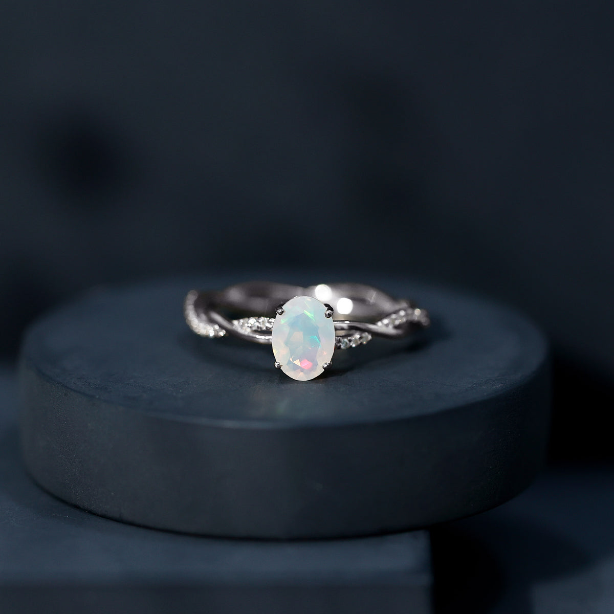 1 Carat Natural Opalescent Oval Engagement Ring with Diamond Braided Shank AAA - Rosec Jewels