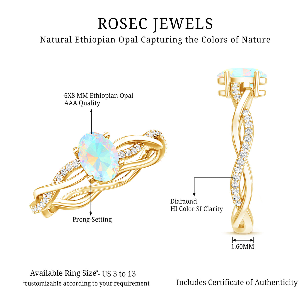 1 Carat Natural Opalescent Oval Engagement Ring with Diamond Braided Shank AAA - Rosec Jewels