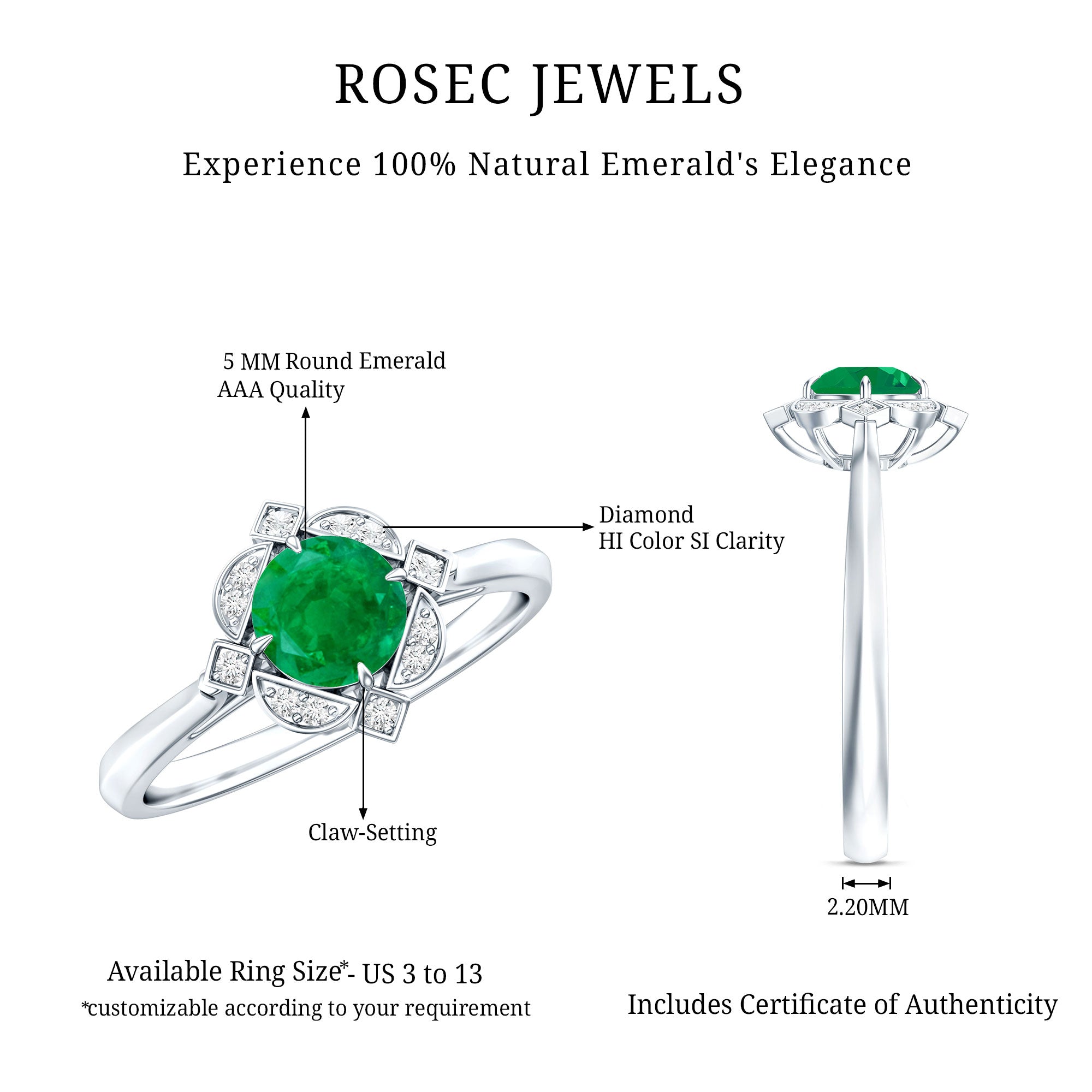 Natural Emerald and Diamond Vintage Inspired Engagement Ring For Her AAA - Rosec Jewels