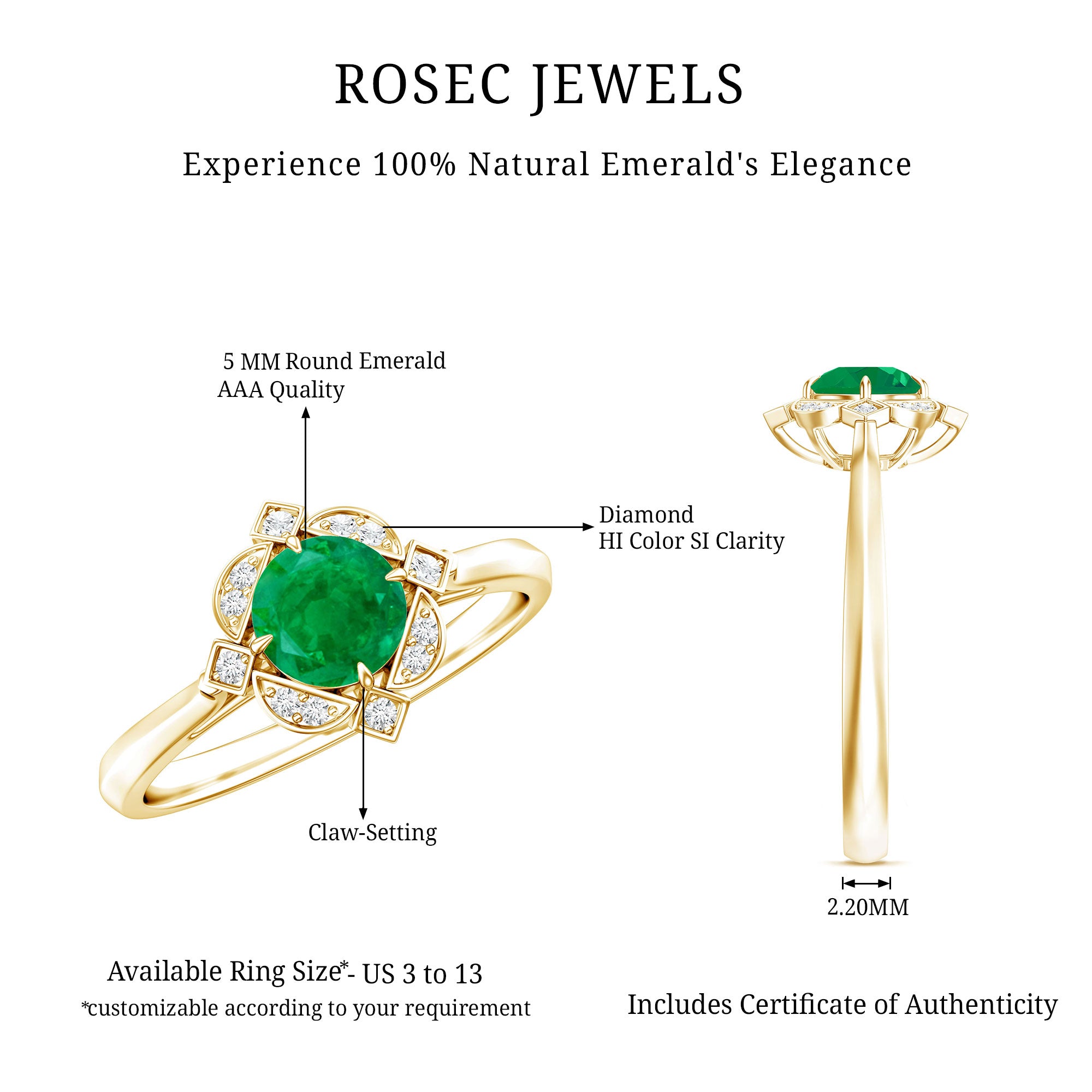 Natural Emerald and Diamond Vintage Inspired Engagement Ring For Her AAA - Rosec Jewels