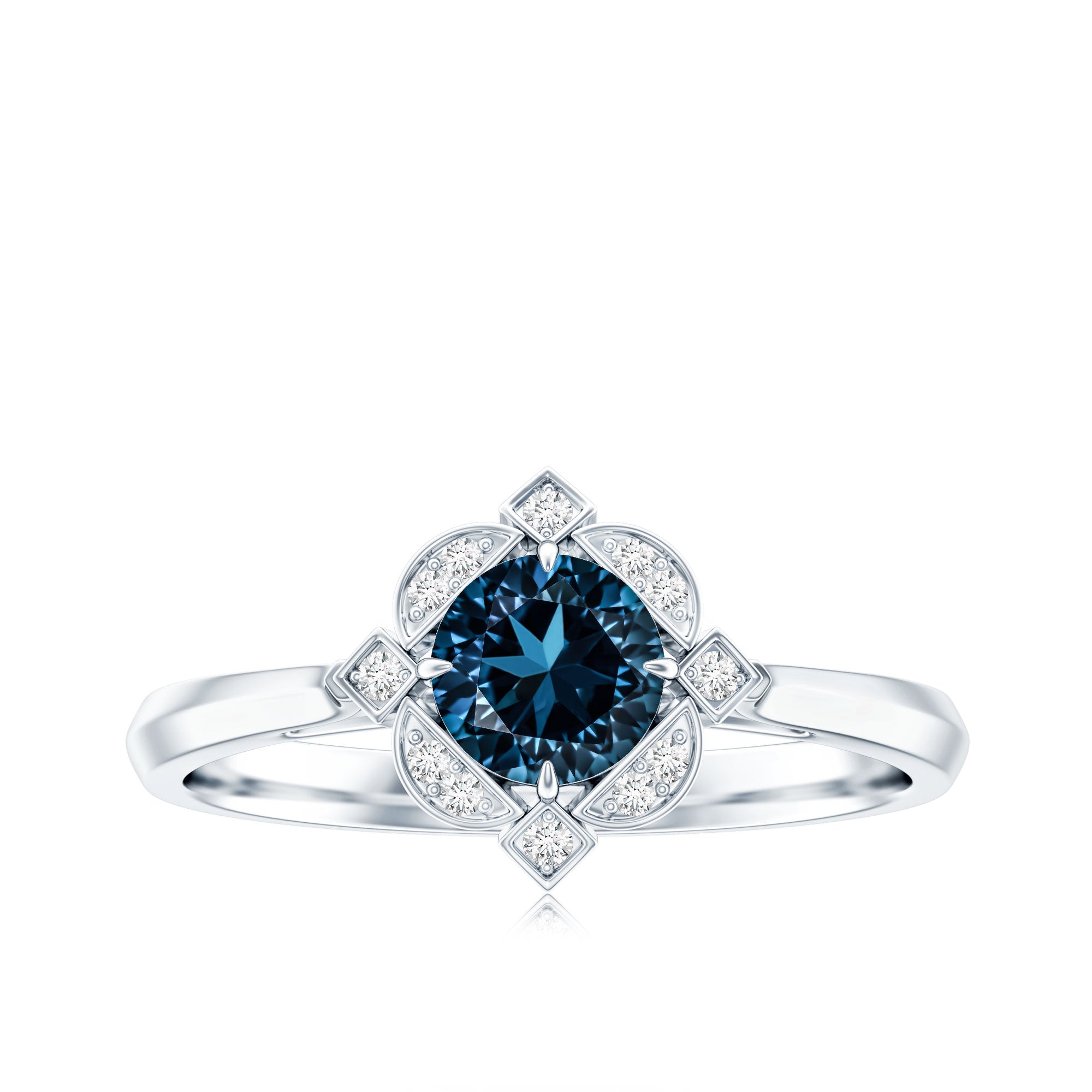 Rosec Jewels-Round Cut London Blue Topaz and Diamond Flower Engagement Ring