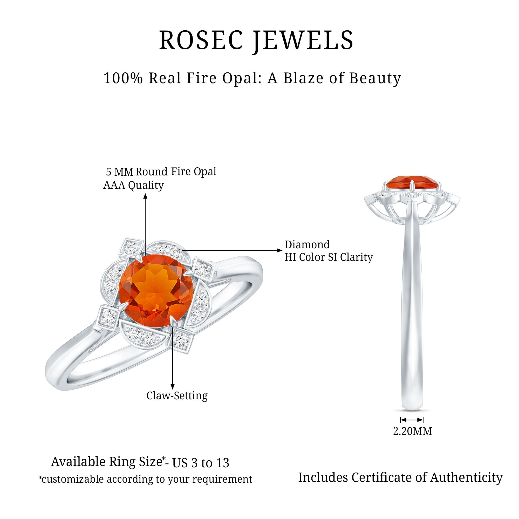 1/2 CT Vintage Fire Opal and Diamond Engagement Ring AAA - Rosec Jewels