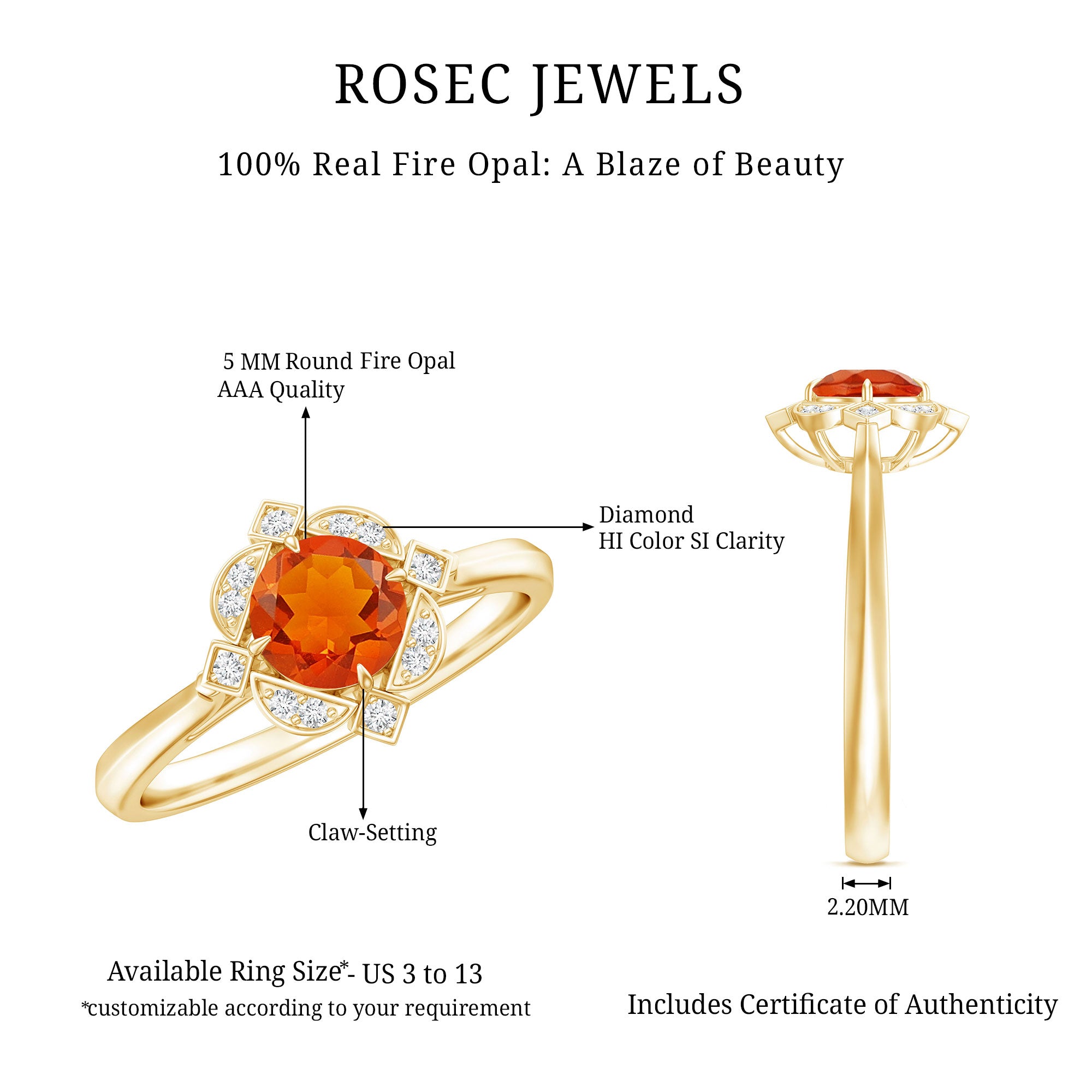 1/2 CT Vintage Fire Opal and Diamond Engagement Ring AAA - Rosec Jewels
