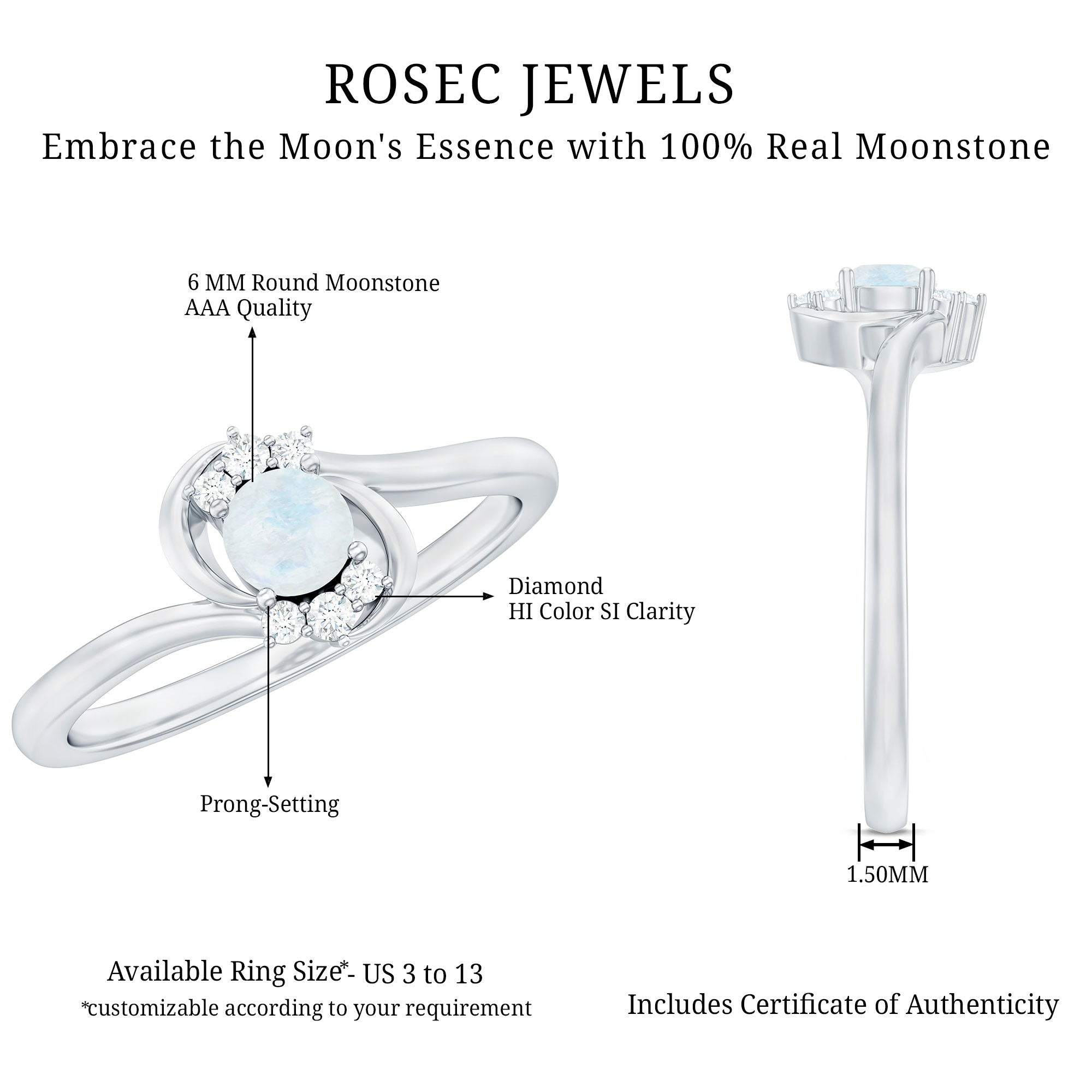 1/2 CT Moonstone and Diamond Bypass Promise Ring AAA - Rosec Jewels