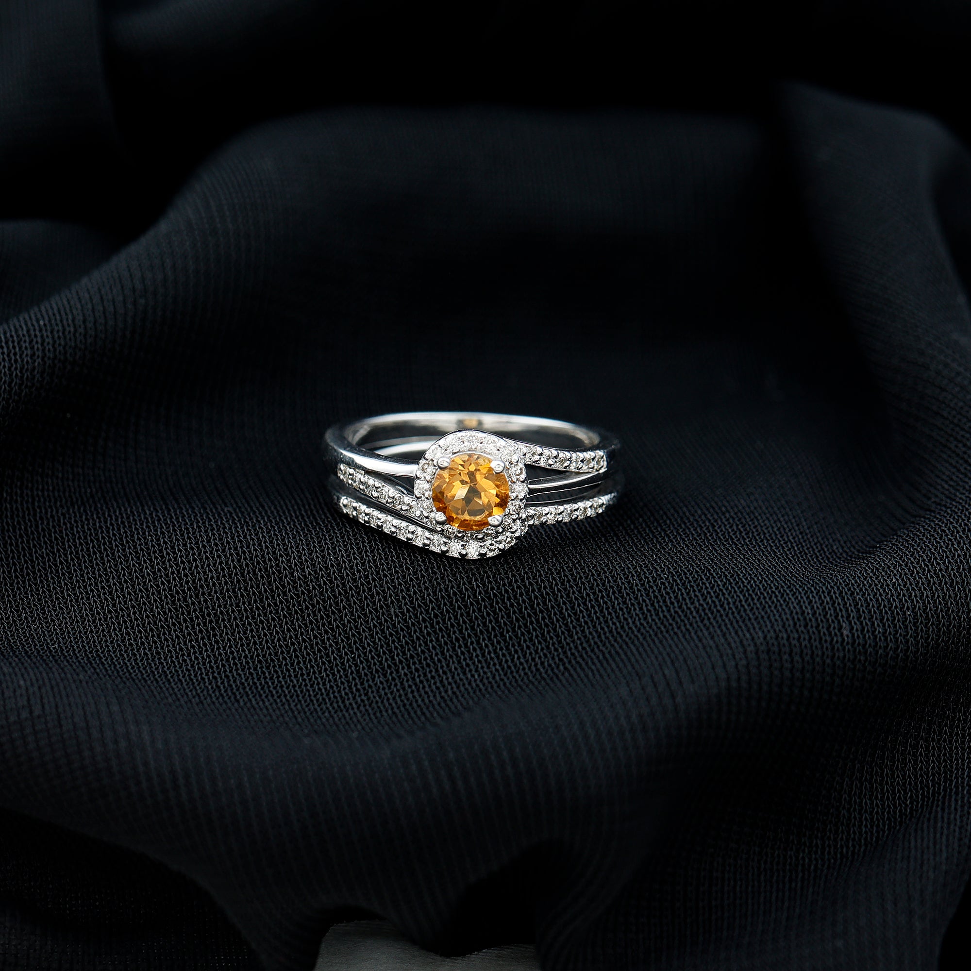 Genuine Citrine Engagement Ring with Diamond Wedding Band AAA - Rosec Jewels