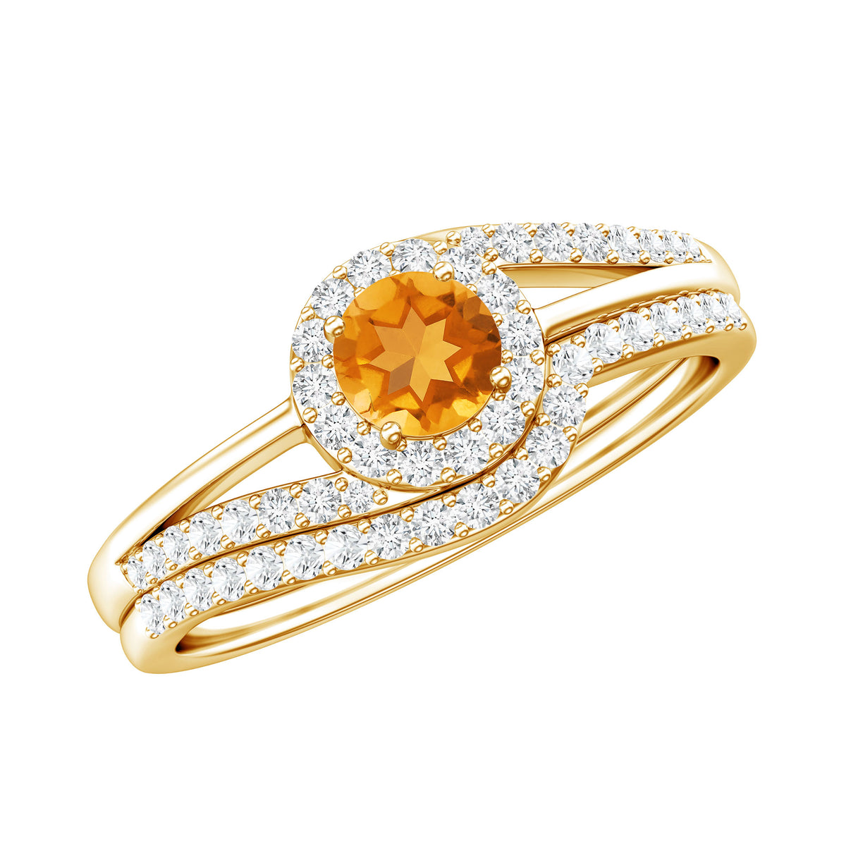 Genuine Citrine Engagement Ring with Diamond Wedding Band AAA - Rosec Jewels