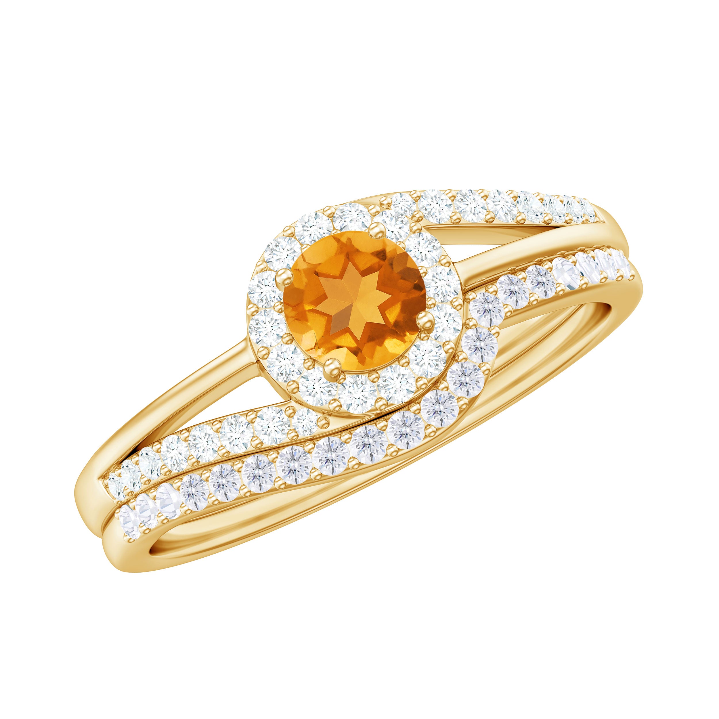 Genuine Citrine Engagement Ring with Diamond Wedding Band AAA - Rosec Jewels