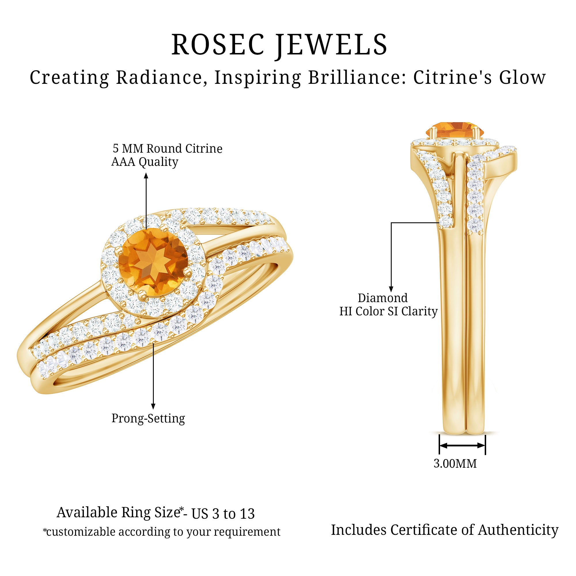 Genuine Citrine Engagement Ring with Diamond Wedding Band AAA - Rosec Jewels