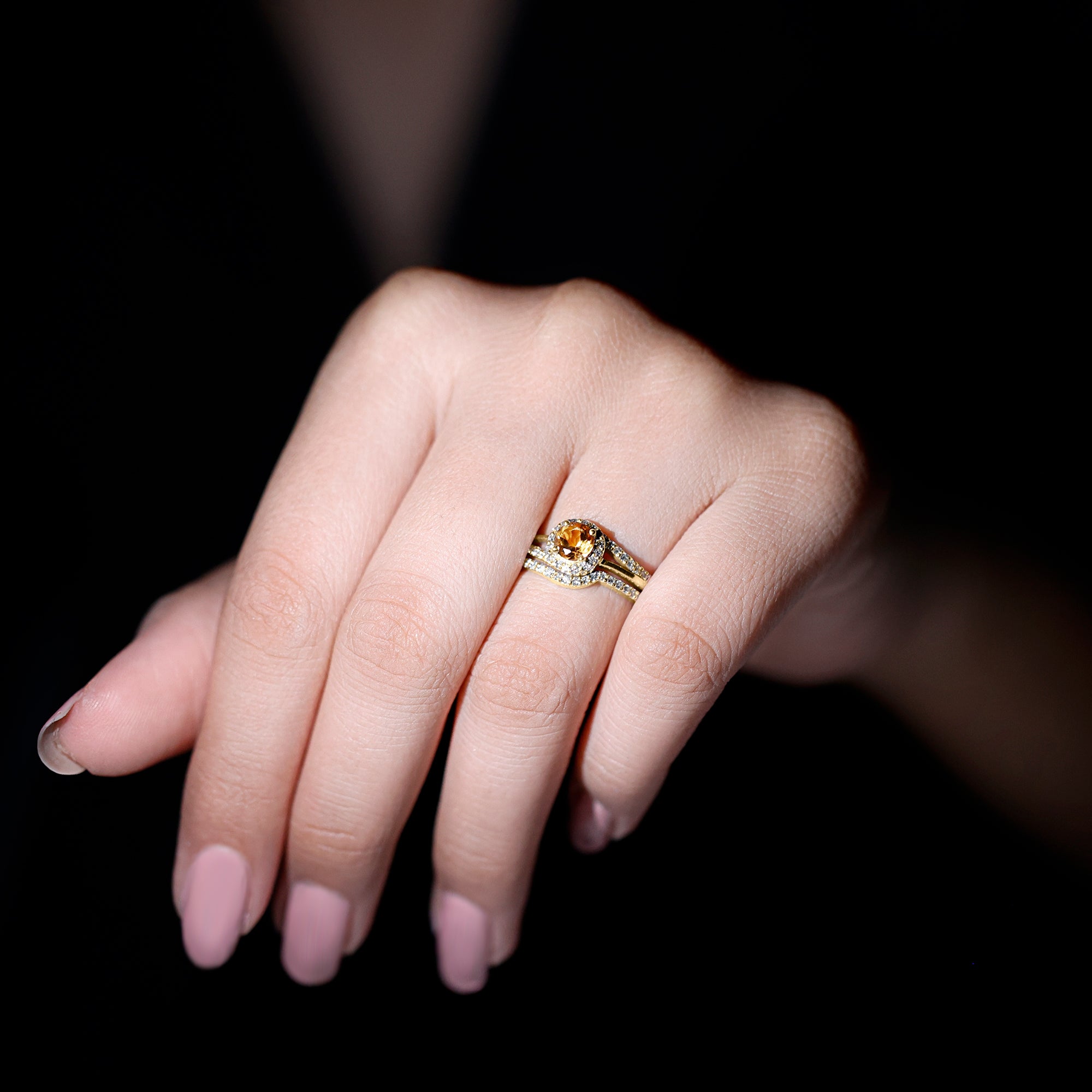 Genuine Citrine Engagement Ring with Diamond Wedding Band AAA - Rosec Jewels