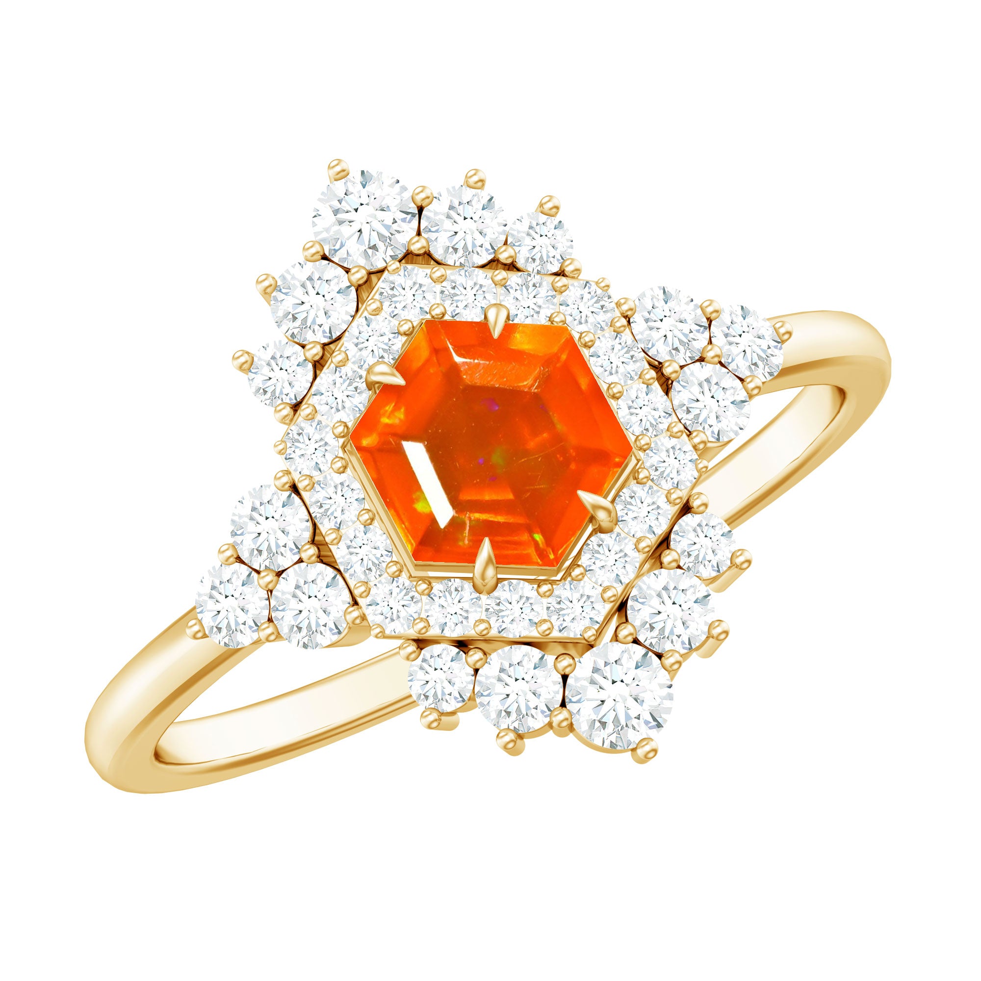 Rosec Jewels-Certified Fire Opal and Diamond Cocktail Ring in Gold Plated Silver
