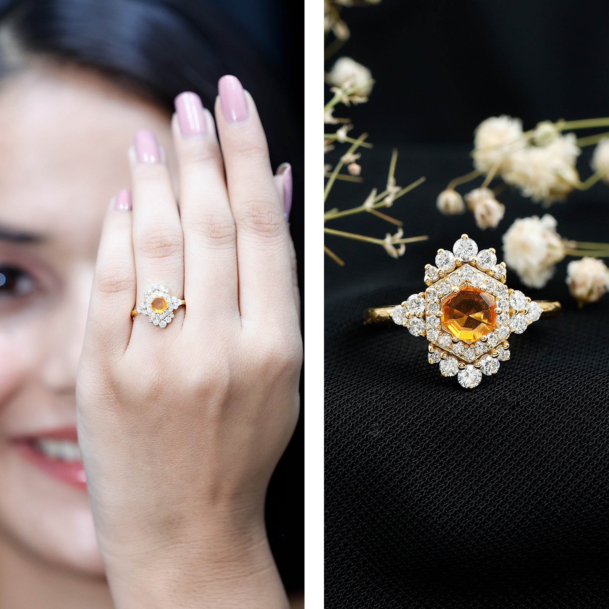 Rosec Jewels-Certified Fire Opal and Diamond Cocktail Ring in Gold Plated Silver