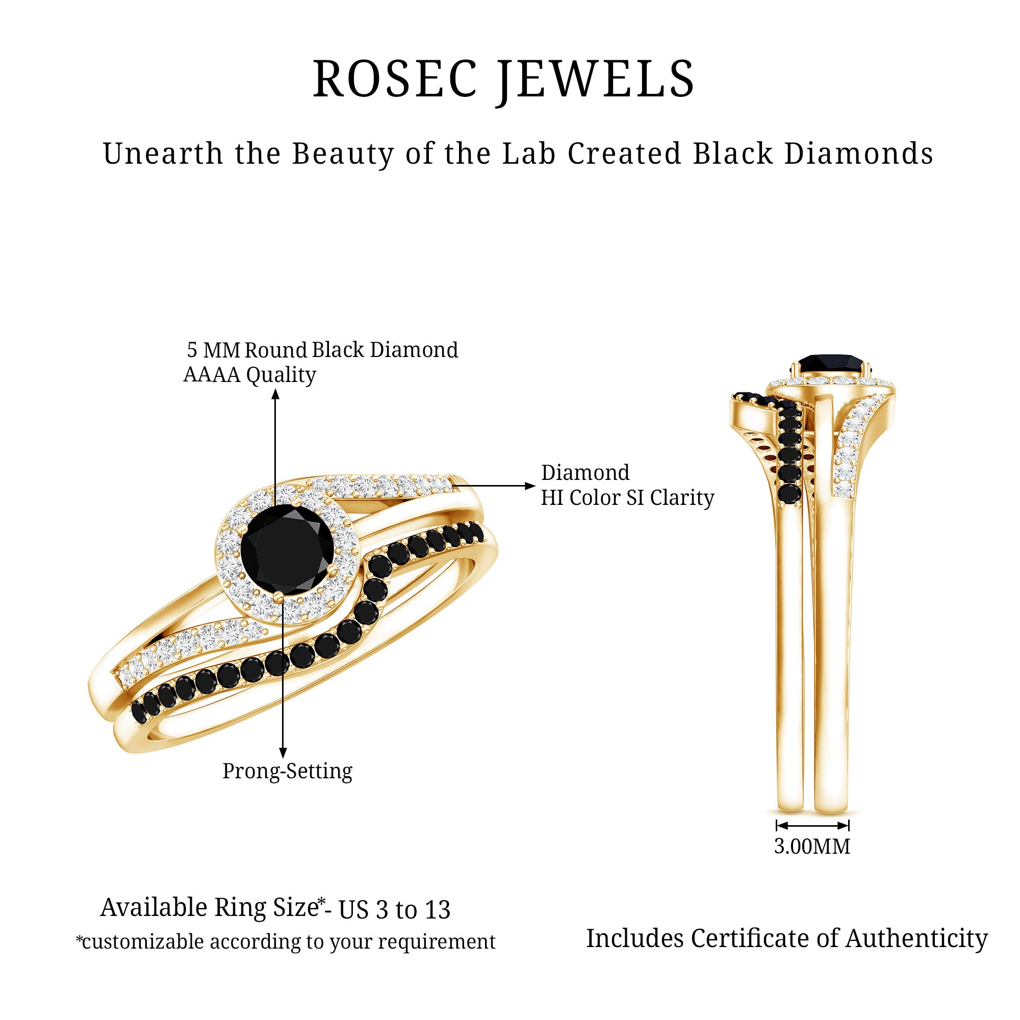 Certified Lab Grown Black and White Diamond Engagement Ring Set for Women AAAA ( Synthetic ) - Rosec Jewels