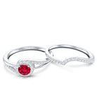 Certified Lab Ruby and Diamond Halo Wedding Ring Set AAAA - Rosec Jewels
