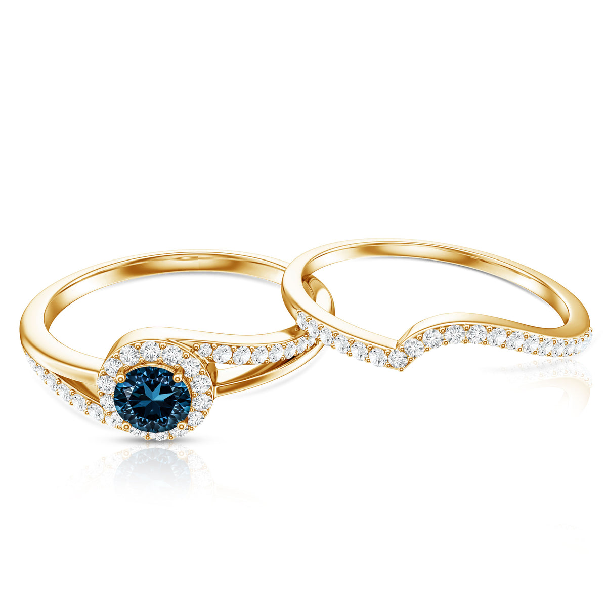 Certified London Blue Topaz and Diamond Halo Wedding Ring Set AAA - Rosec Jewels