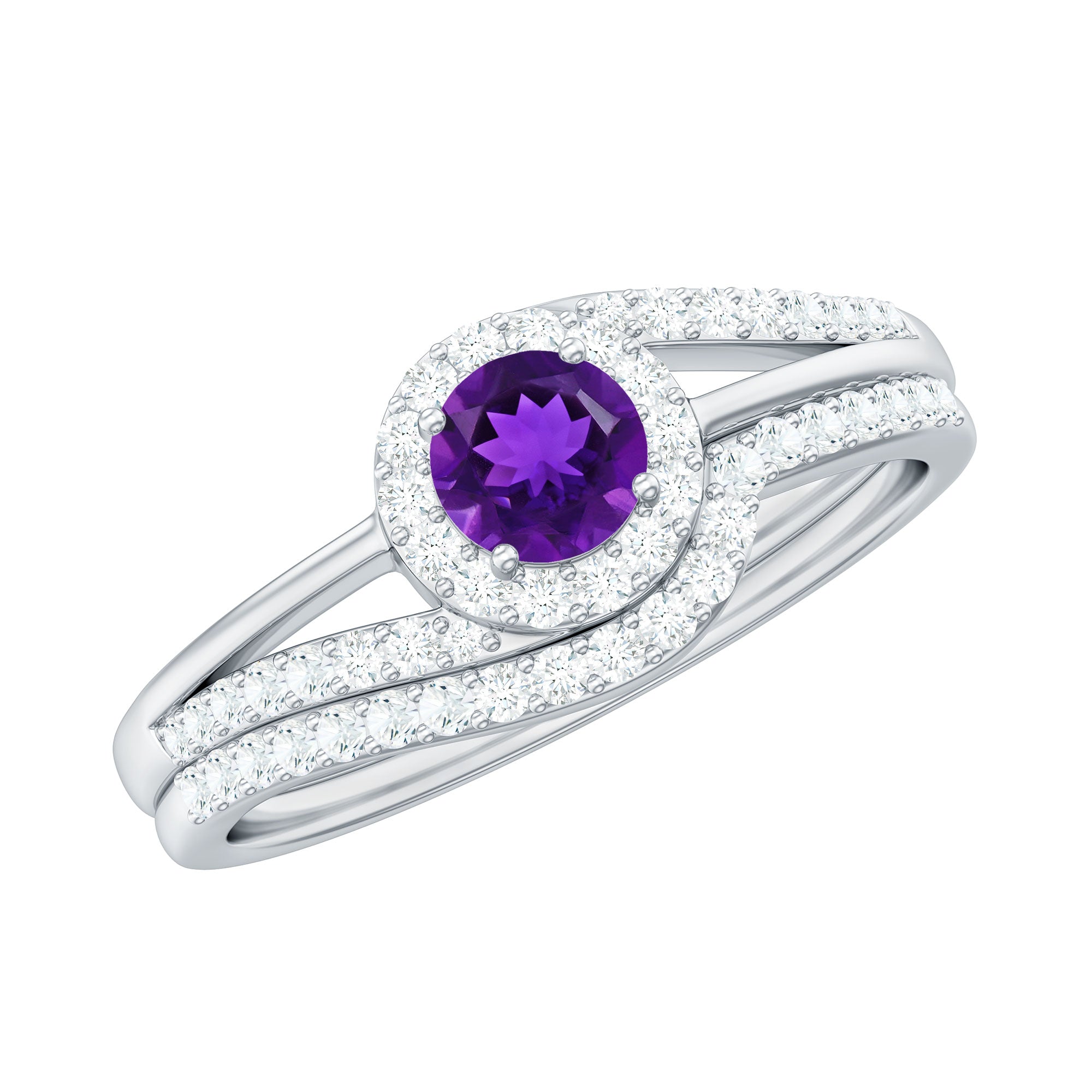Natural Amethyst and Diamond Minimal Bridal Ring Set