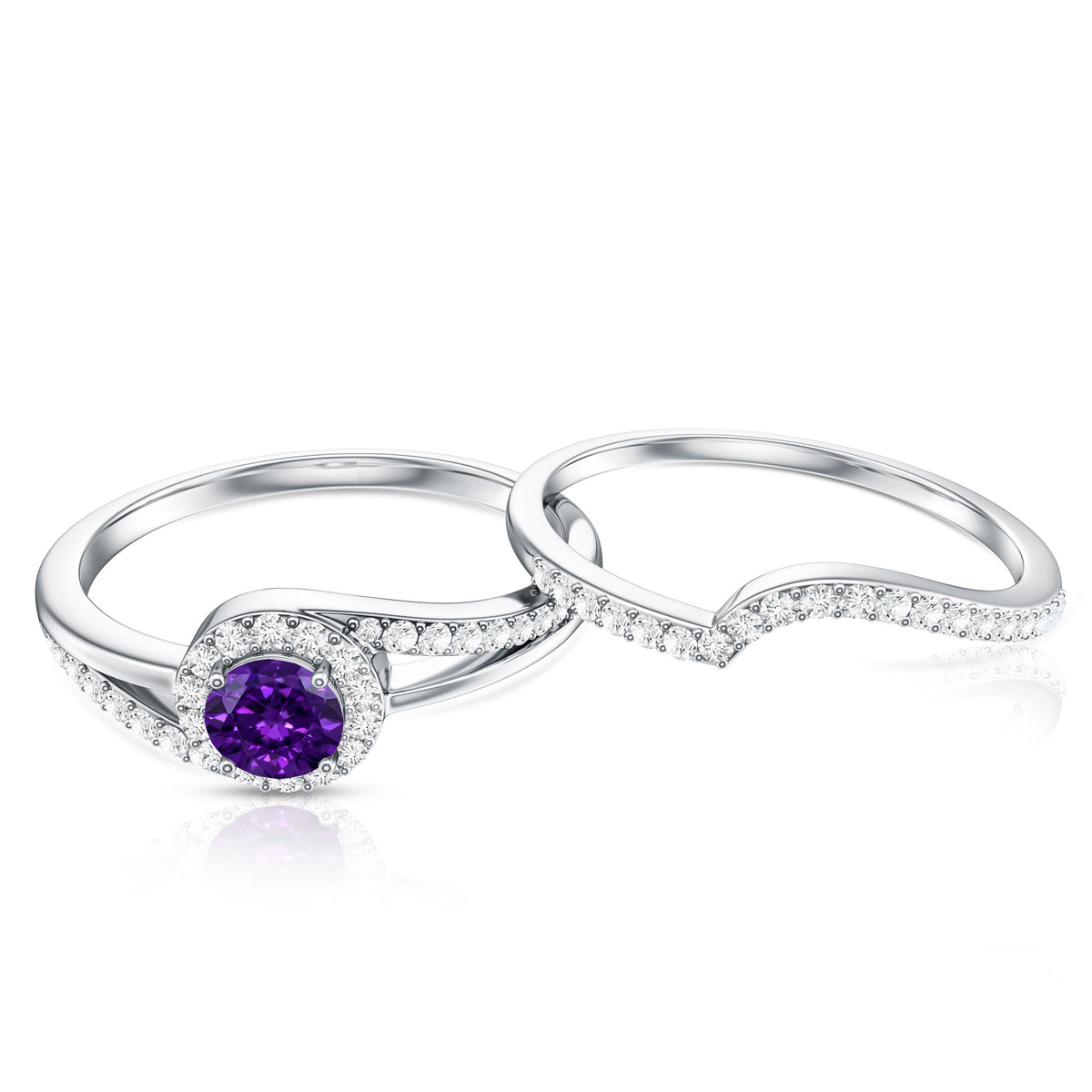 0.4 Carat Natural Amethyst Diamond Wedding Bridal Ring Set of 2 AAA - Rosec Jewels