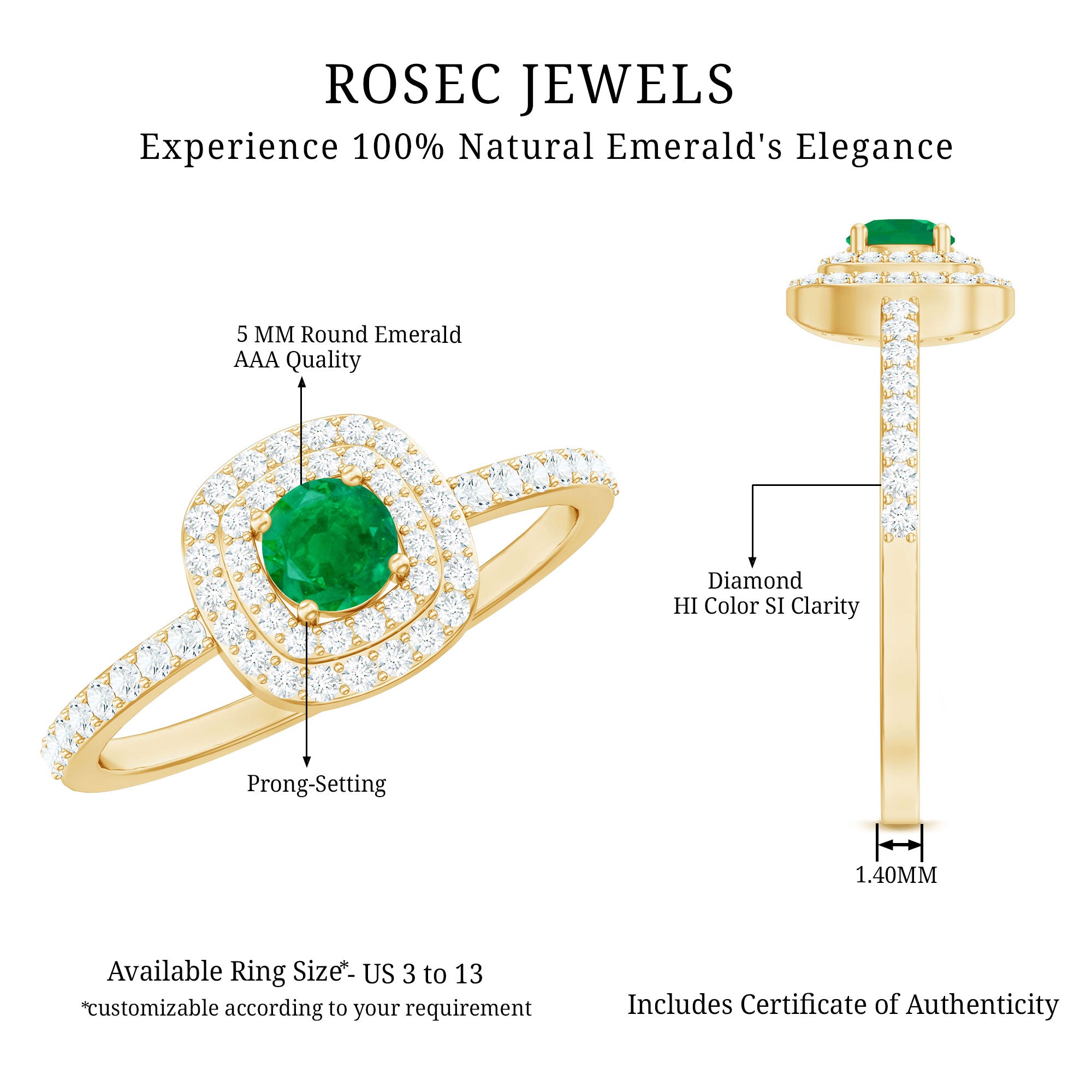 Round Emerald and Diamond Double Halo Engagement Ring AAA - Rosec Jewels