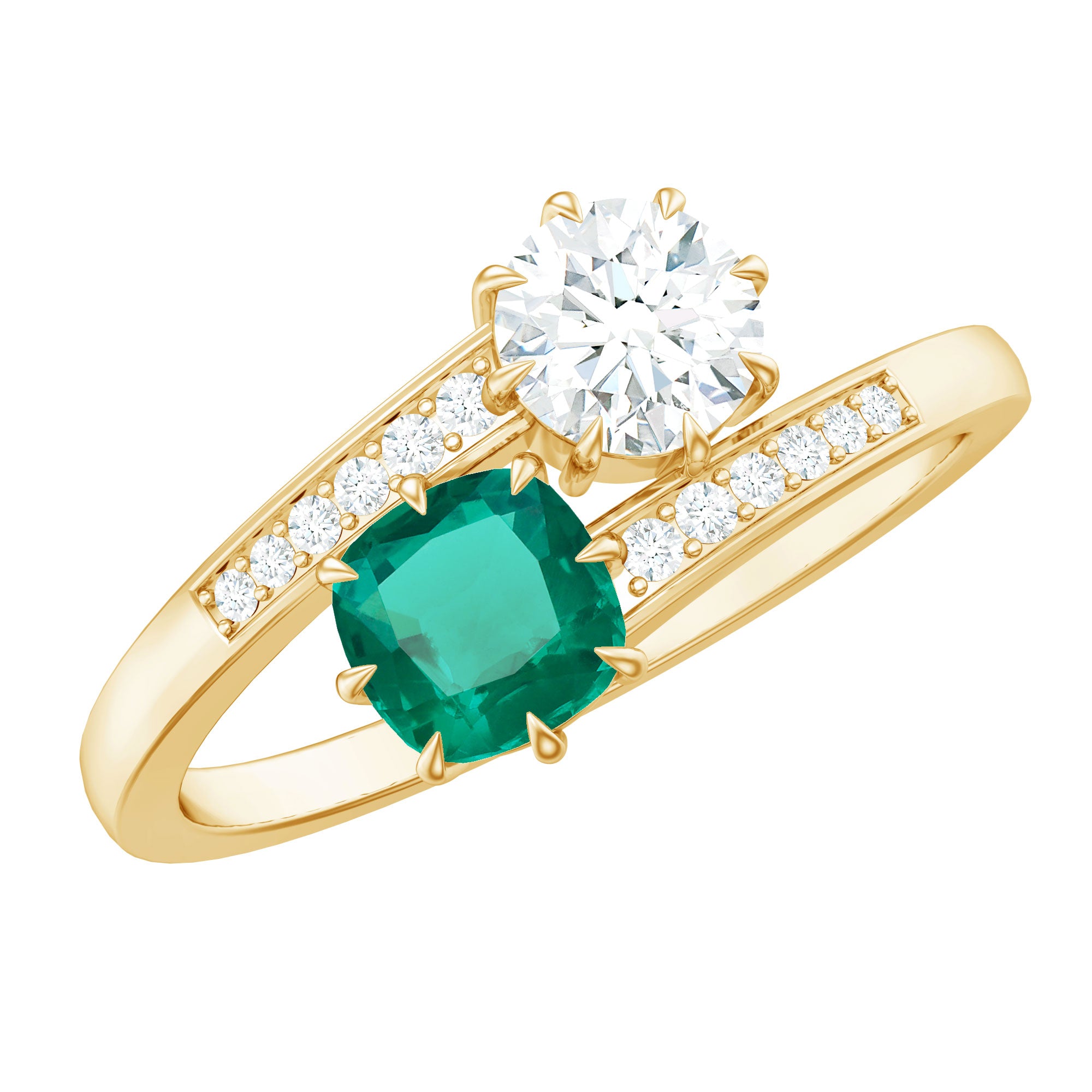 Lab Created Emerald and Moissanite Two Stone Engagement Ring in Silver