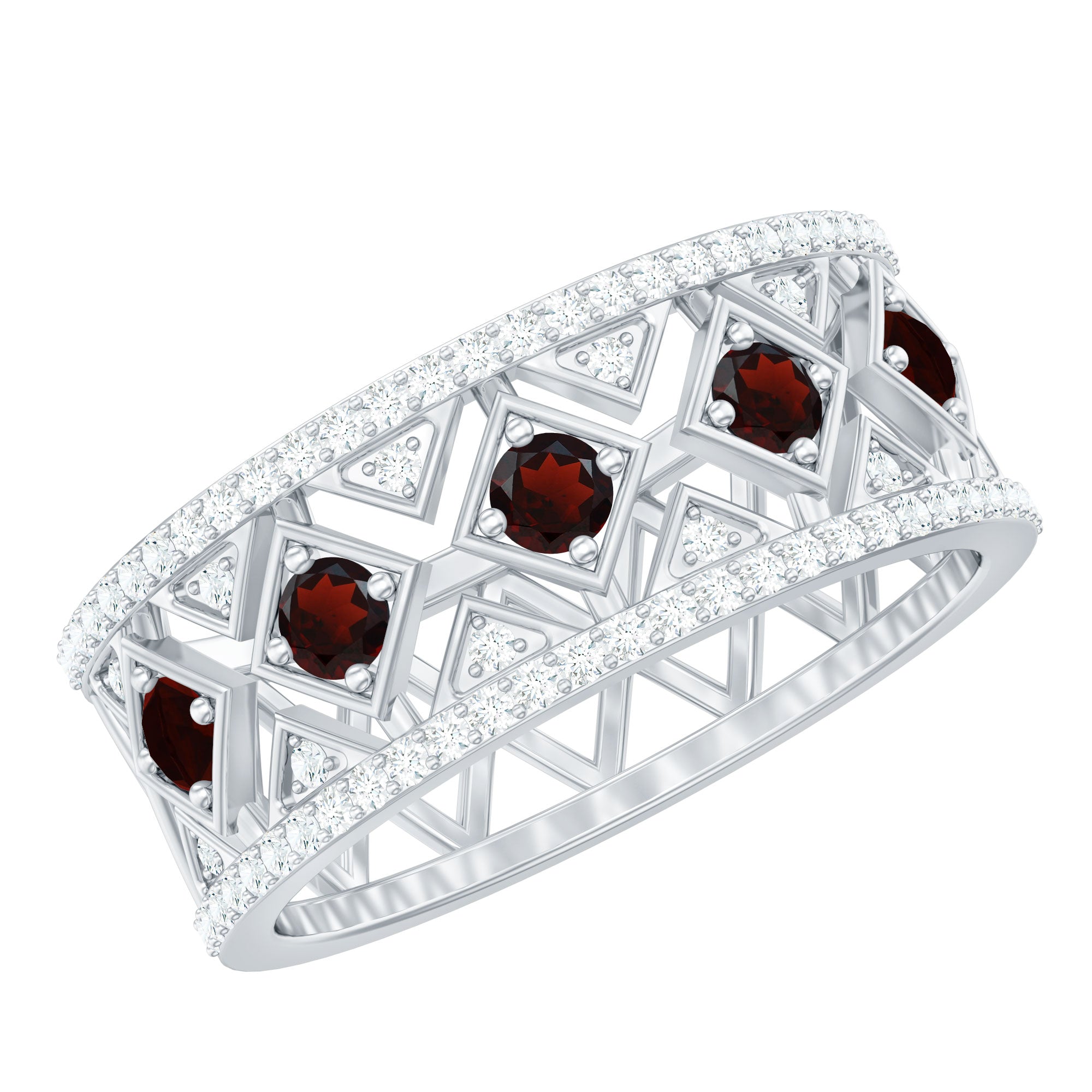 Art Deco Garnet Diamond Thick Wedding Band with Certificate AAA - Rosec Jewels