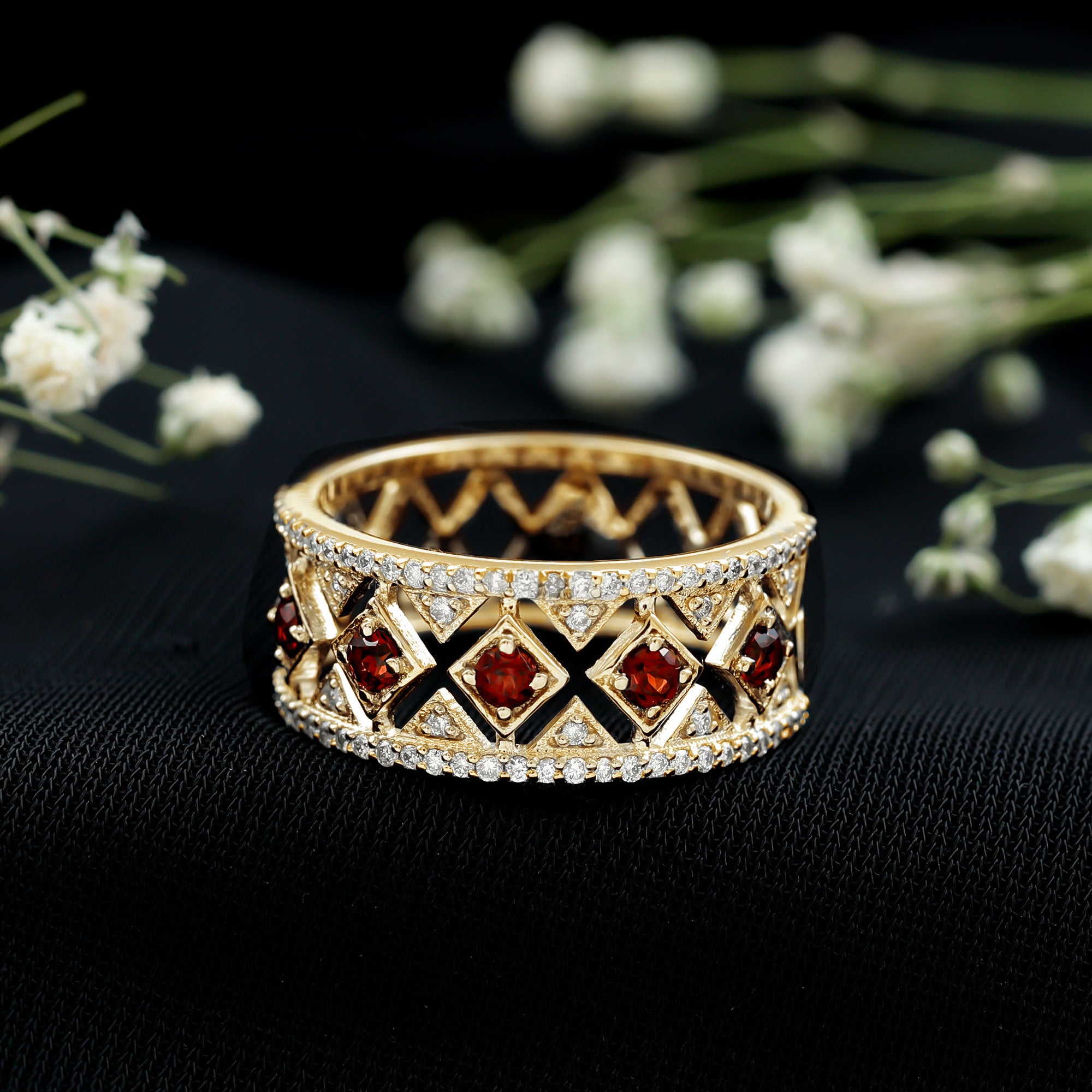 Art Deco Garnet Diamond Thick Wedding Band with Certificate AAA - Rosec Jewels