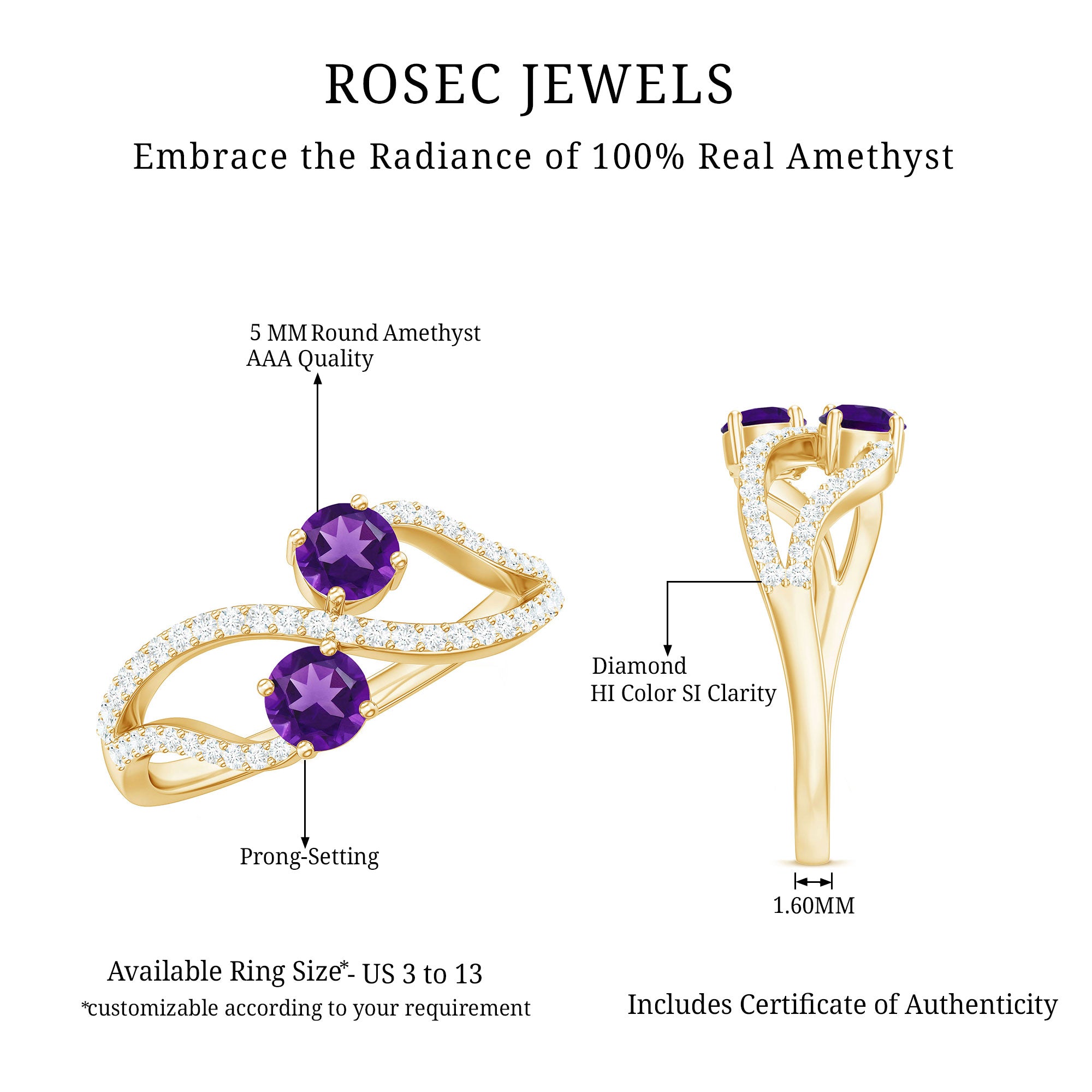 Real Amethyst Toi Et Moi Engagement Ring with Diamond AAA - Rosec Jewels