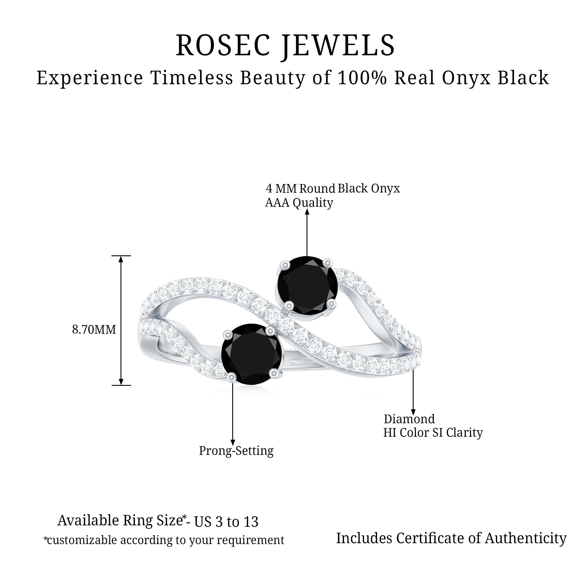 Natural Black Onyx 2 Stone Promise Ring with Diamond AAA - Rosec Jewels