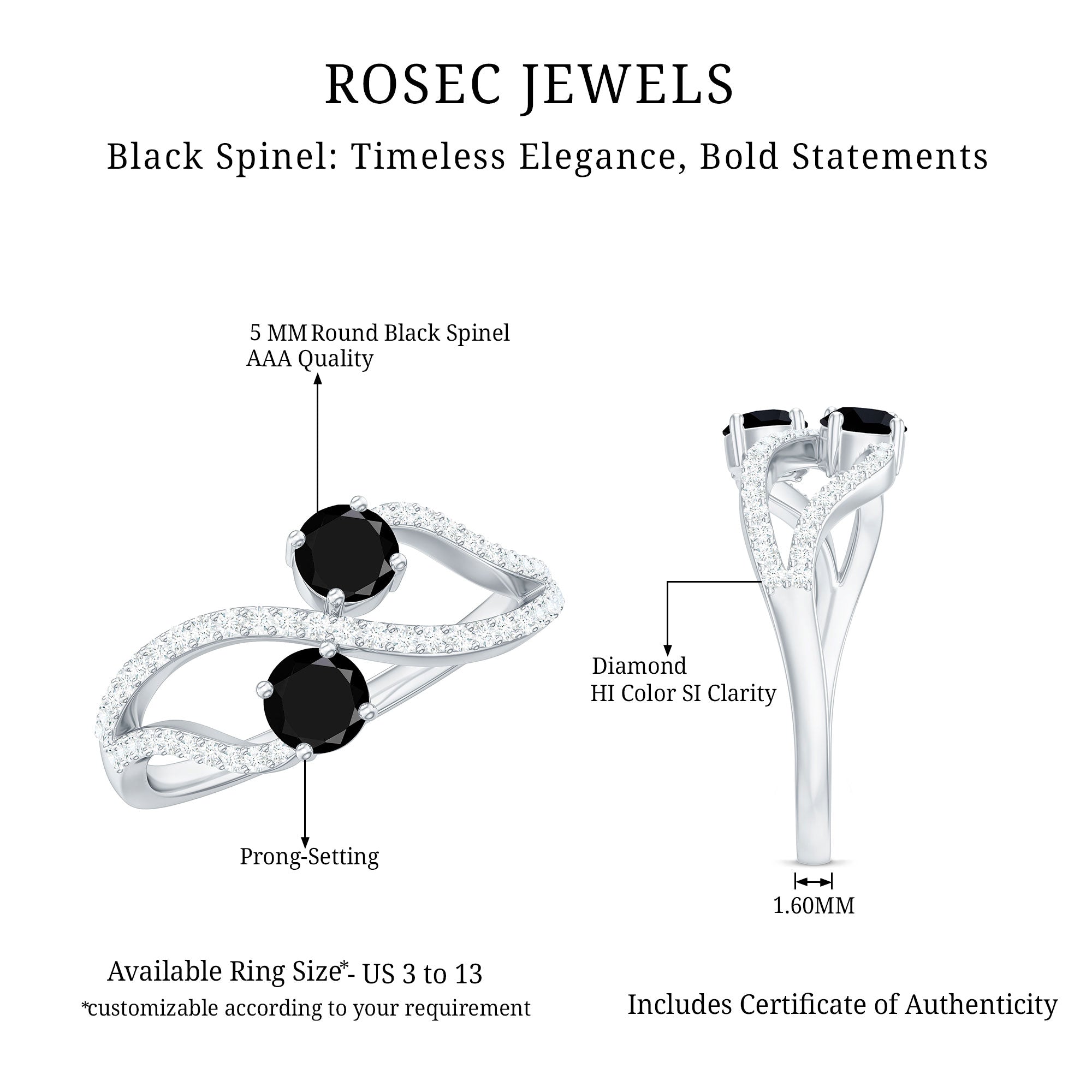 Natural Black Spinel 2 Promise Ring with Diamond AAA - Rosec Jewels