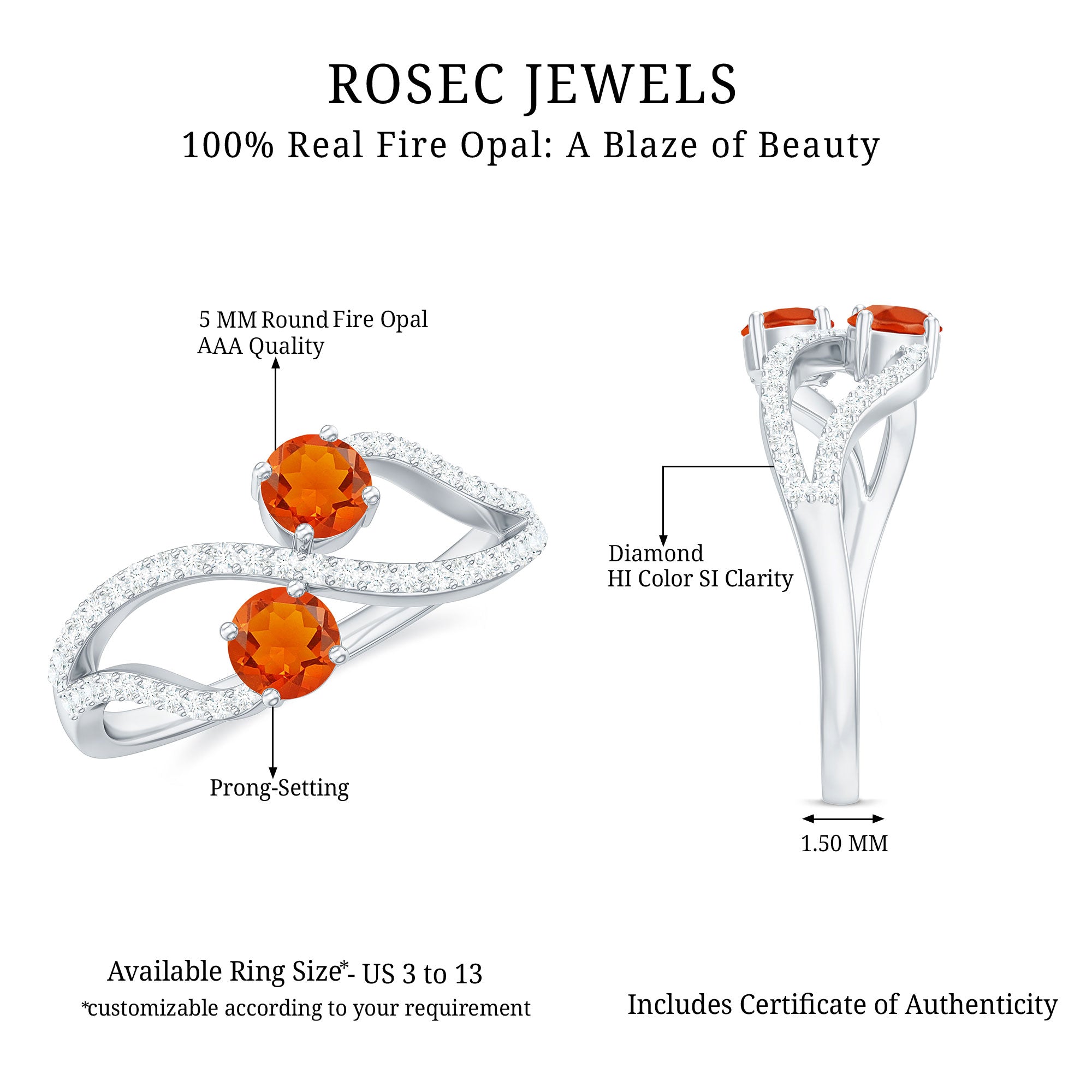 Rosec Jewels-3/4 CT Minimal Fire Opal and Diamond Engagement Ring