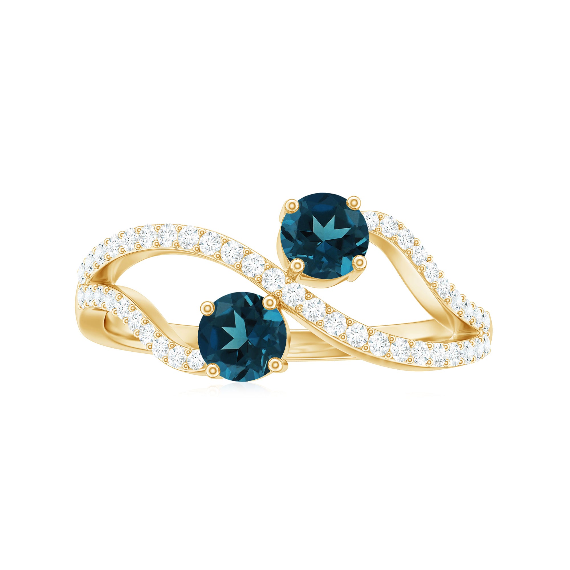 Rosec Jewels-Natural London Blue Topaz 2 Stone Promise Ring with Diamond