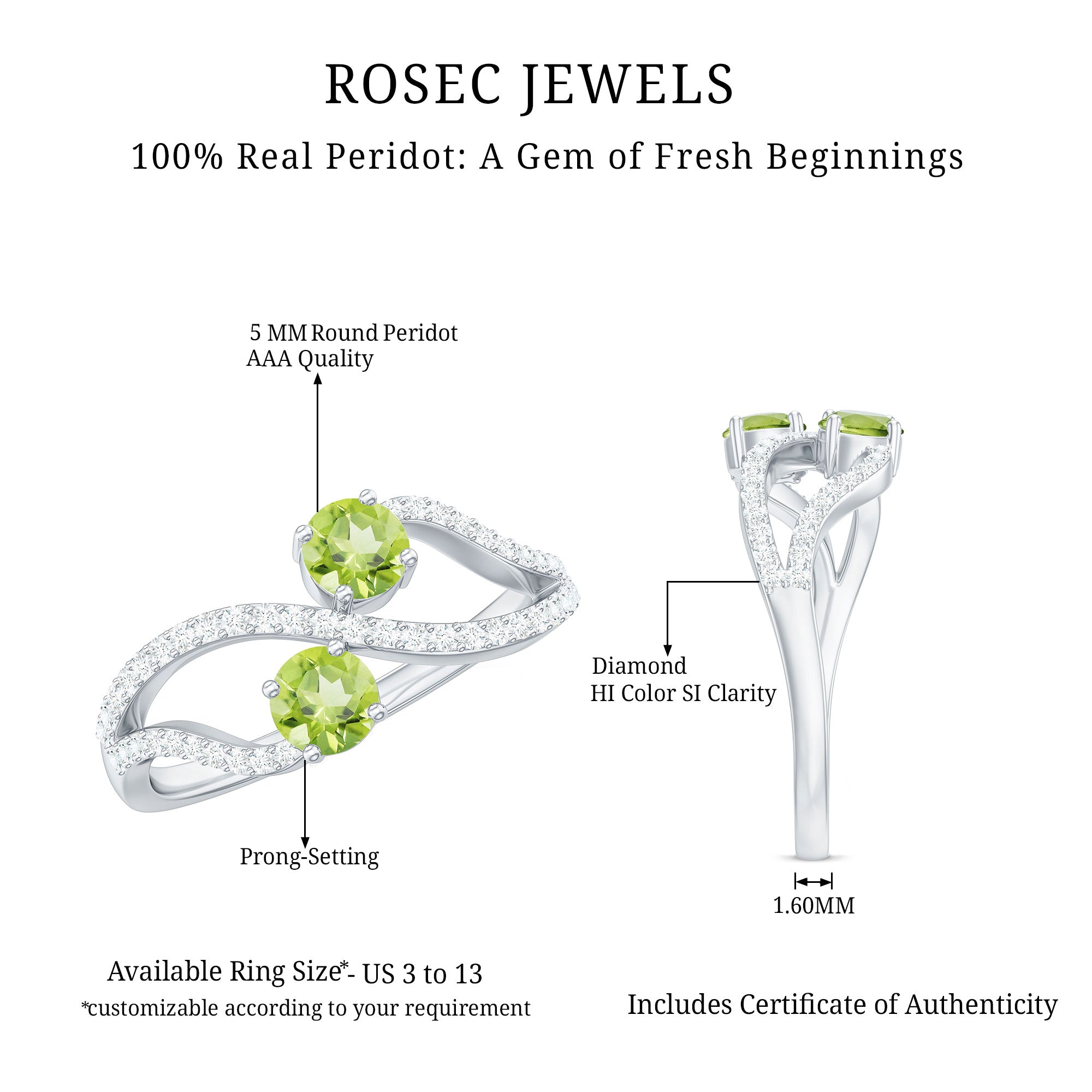 Rosec Jewels-Natural Peridot Toi Et Moi Ring with Diamond Infinity Shank