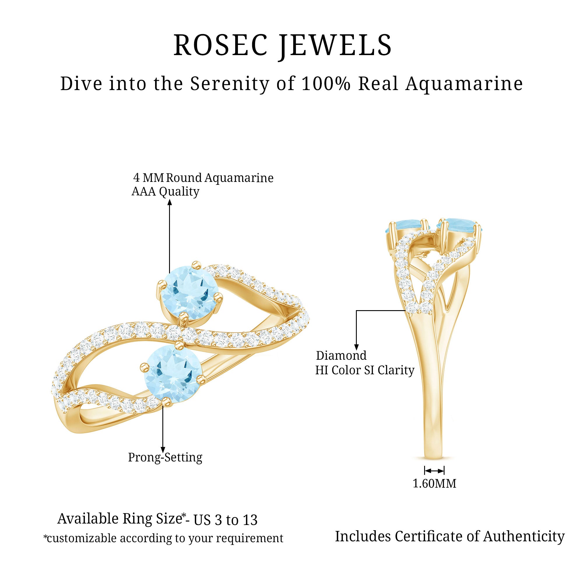 2 Stone Aquamarine and Diamond Infinity Promise Ring for Women AAA - Rosec Jewels