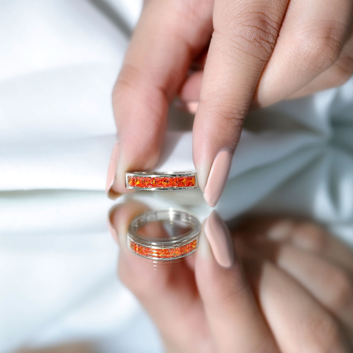 Princess Cut Lab Grown Orange Sapphire Half Eternity Band in Channel Set AAAA - Rosec Jewels