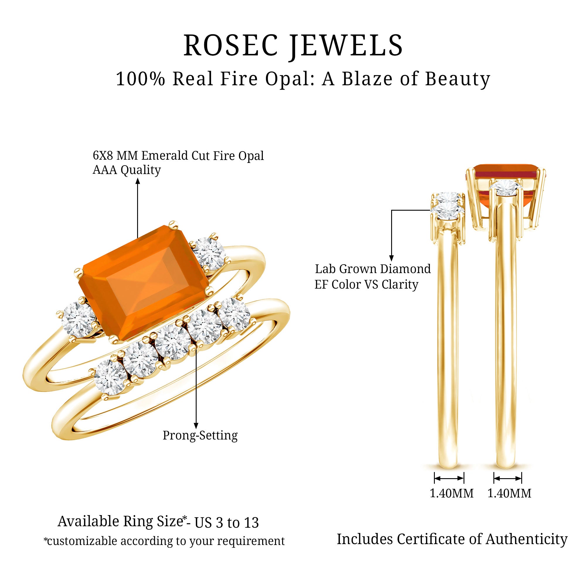 1 Carat Emerald Cut Fire Opal and Diamond Engagement Ring with Enhancer AAA - Rosec Jewels