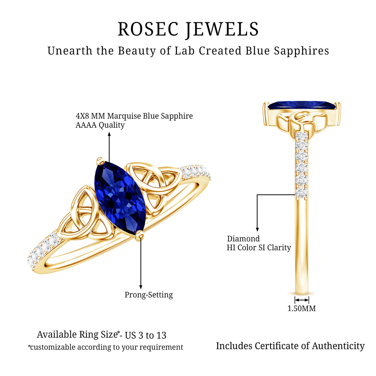 Certified 0.7 Carat Lab Grown Blue Sapphire Diamond Marquise Engagement Ring with Celtic Knot AAAA - Rosec Jewels