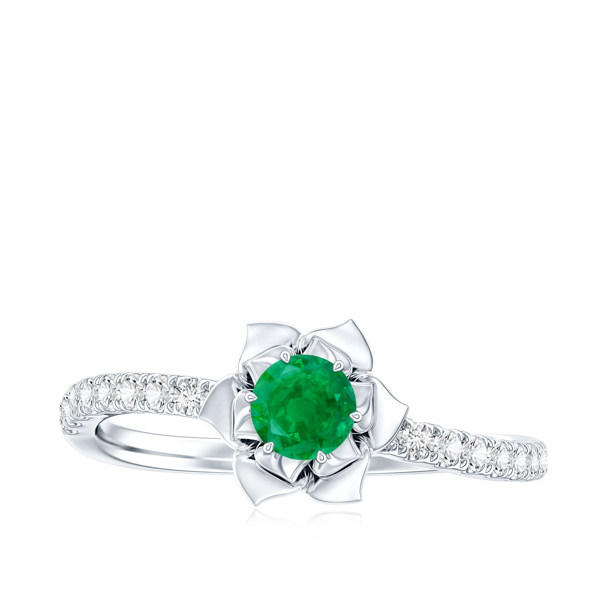Genuine Emerald Flower Engagement Ring with Diamond AAA - Rosec Jewels