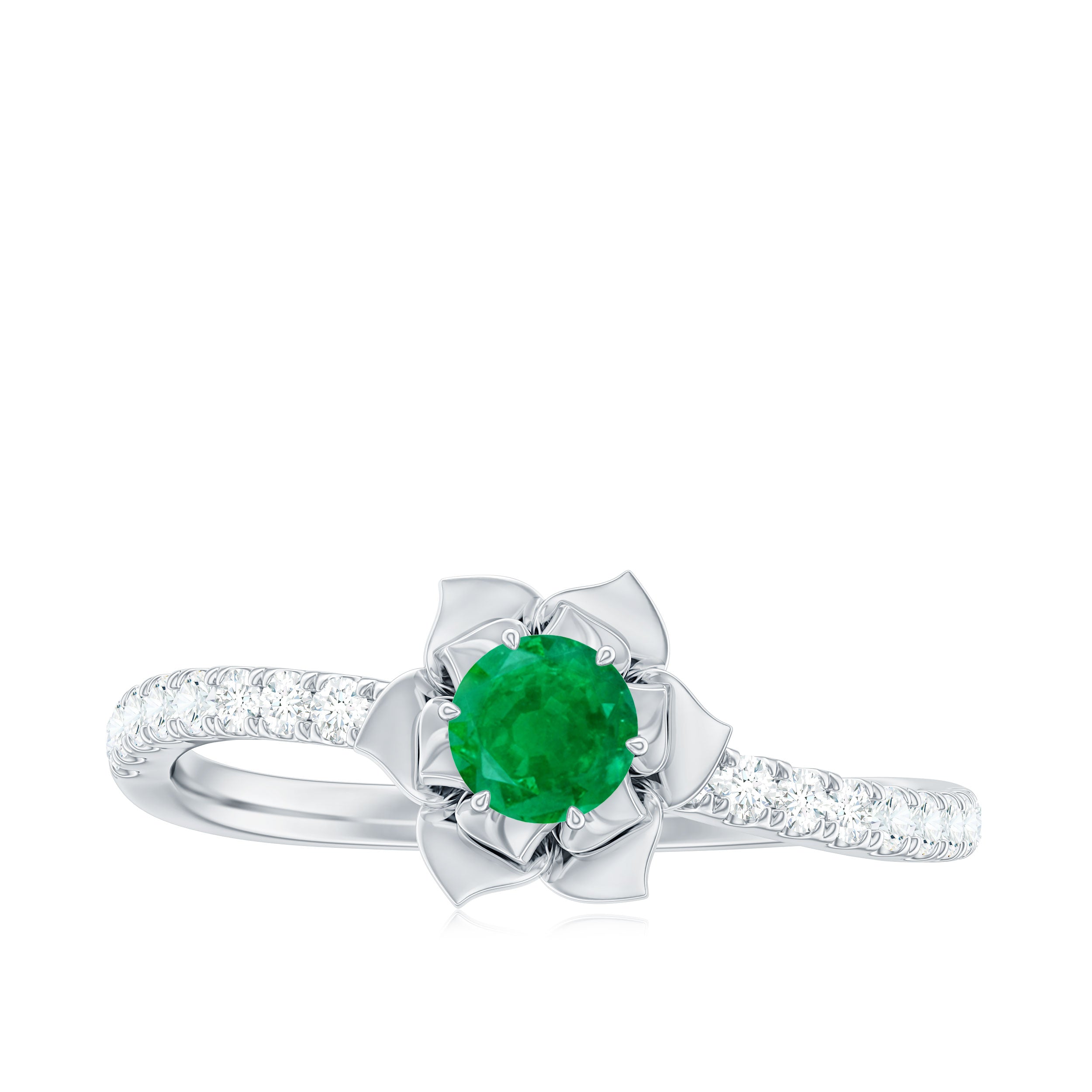 Genuine Emerald Flower Engagement Ring with Diamond AAA - Rosec Jewels