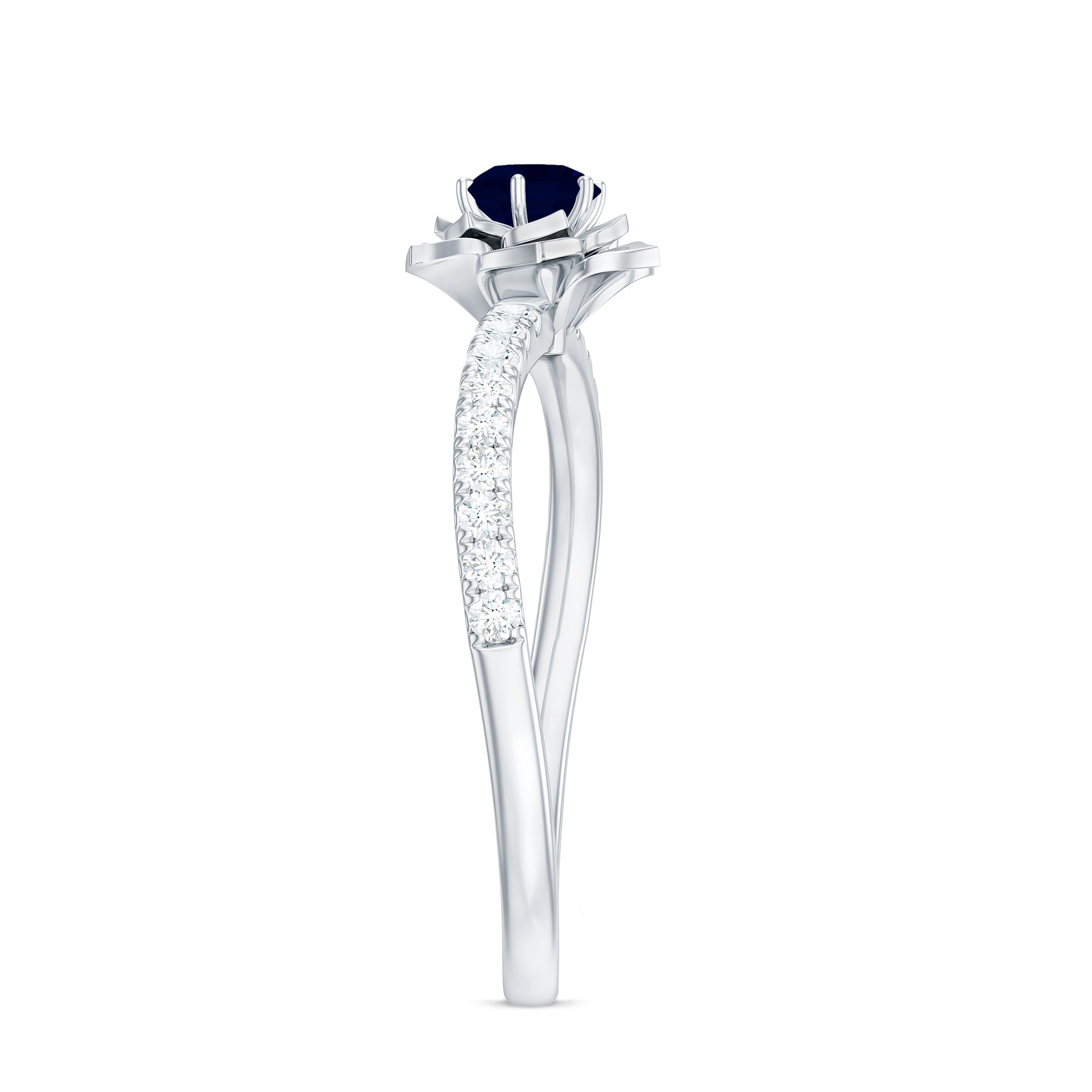 Rosec Jewels-Real 0.9 Carat Blue Sapphire Rose Flower Engagement Ring with Diamond