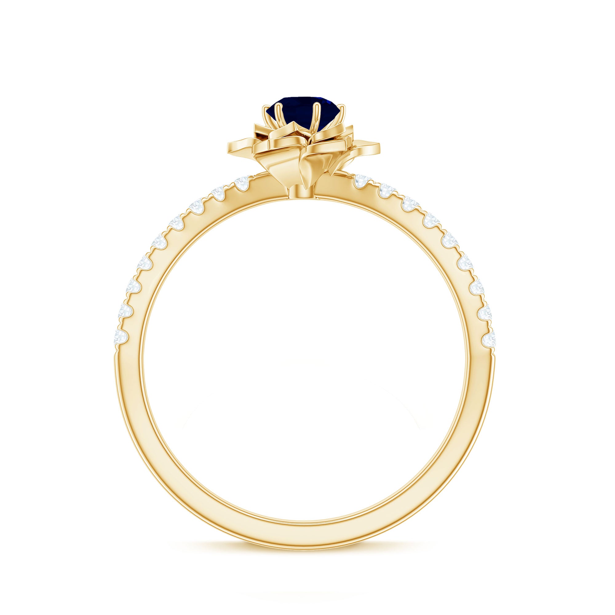 Rosec Jewels-Real 0.9 Carat Blue Sapphire Rose Flower Engagement Ring with Diamond