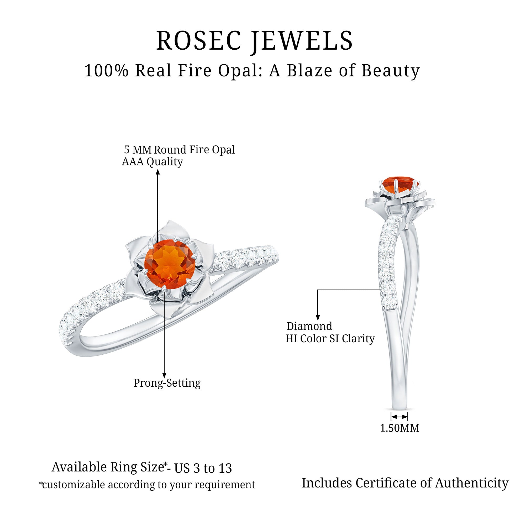 Rosec Jewels-1/2 Ct Fire Opal Flower Engagement Ring with Diamond