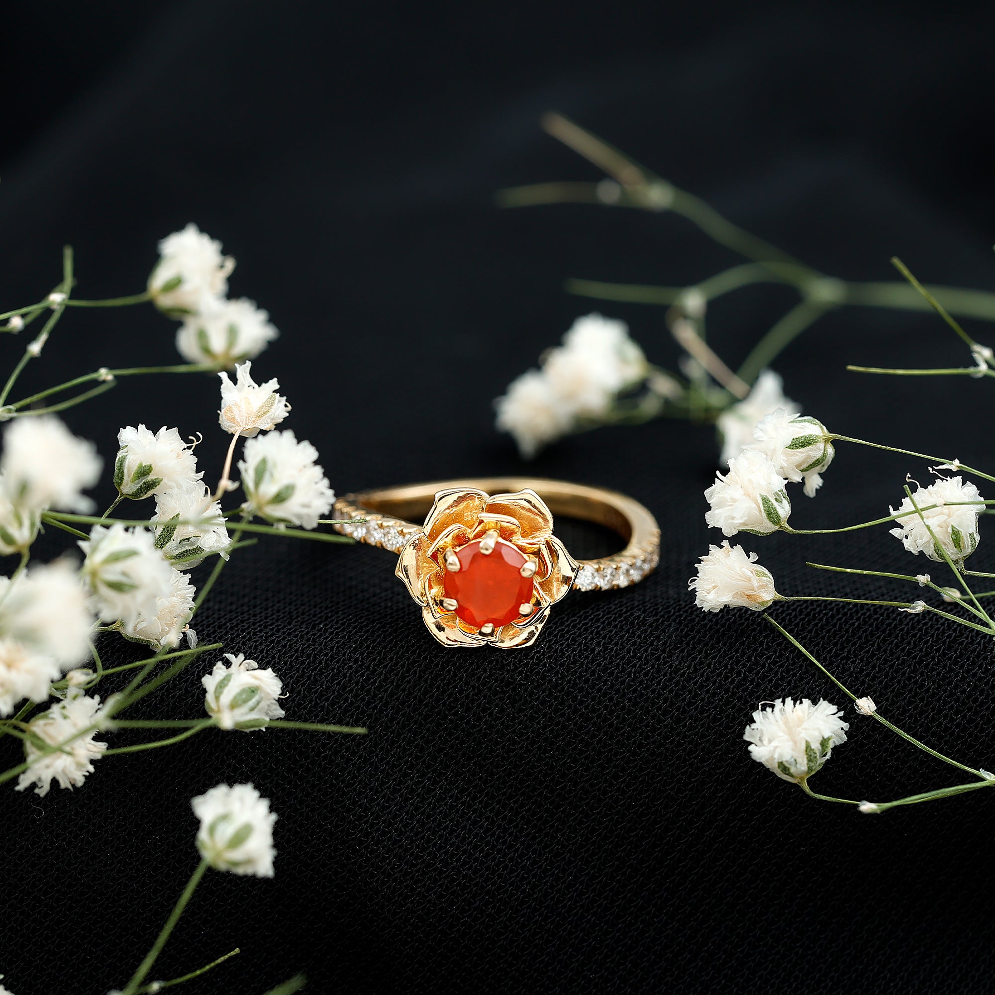 Rosec Jewels-1/2 Ct Fire Opal Flower Engagement Ring with Diamond
