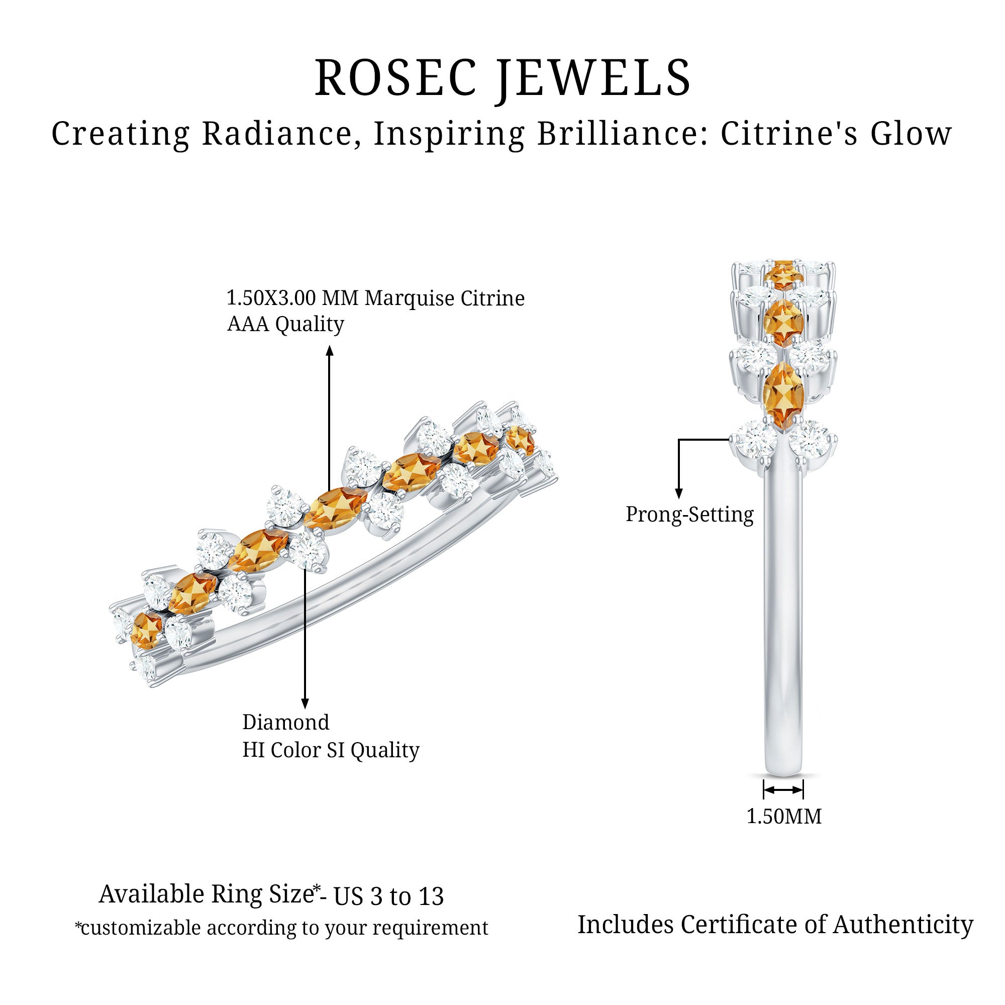 Rosec Jewels-Natural Citrine Diamond Half Eternity Ring with Certificate