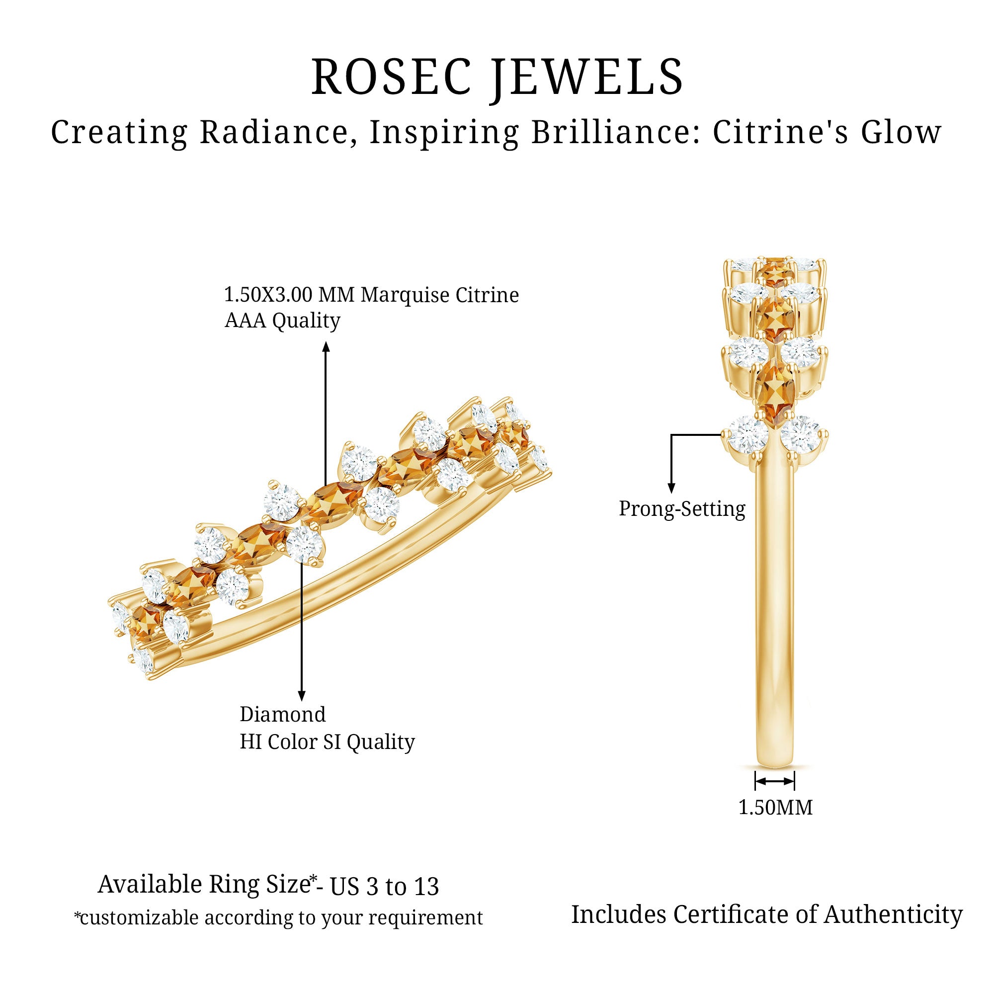Rosec Jewels-Natural Citrine Diamond Half Eternity Ring with Certificate