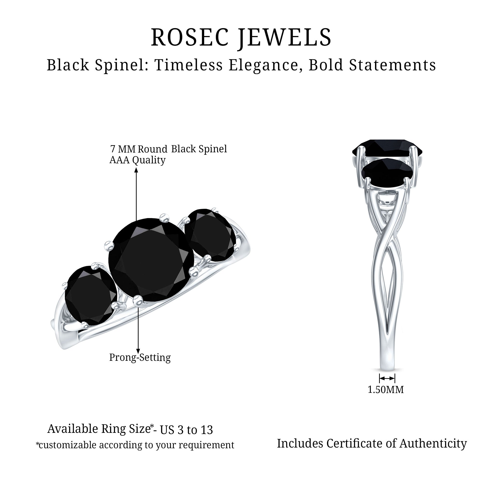 Natural Black Spinel 3 Stone Engagement Ring for Women AAA - Rosec Jewels