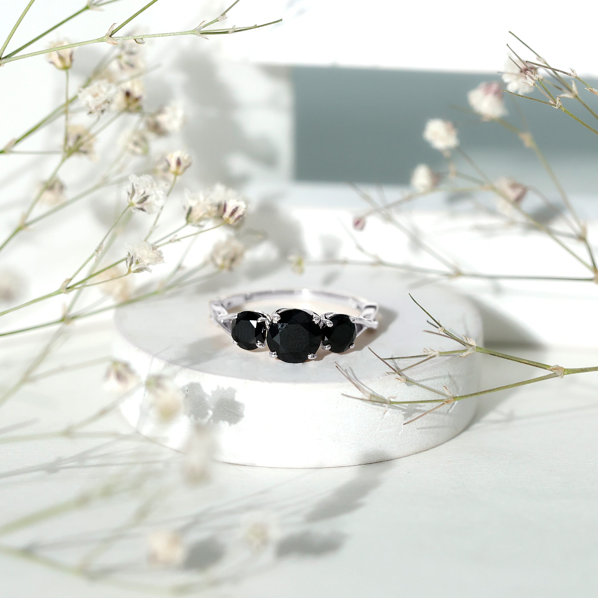 Natural Black Spinel 3 Stone Engagement Ring for Women AAA - Rosec Jewels