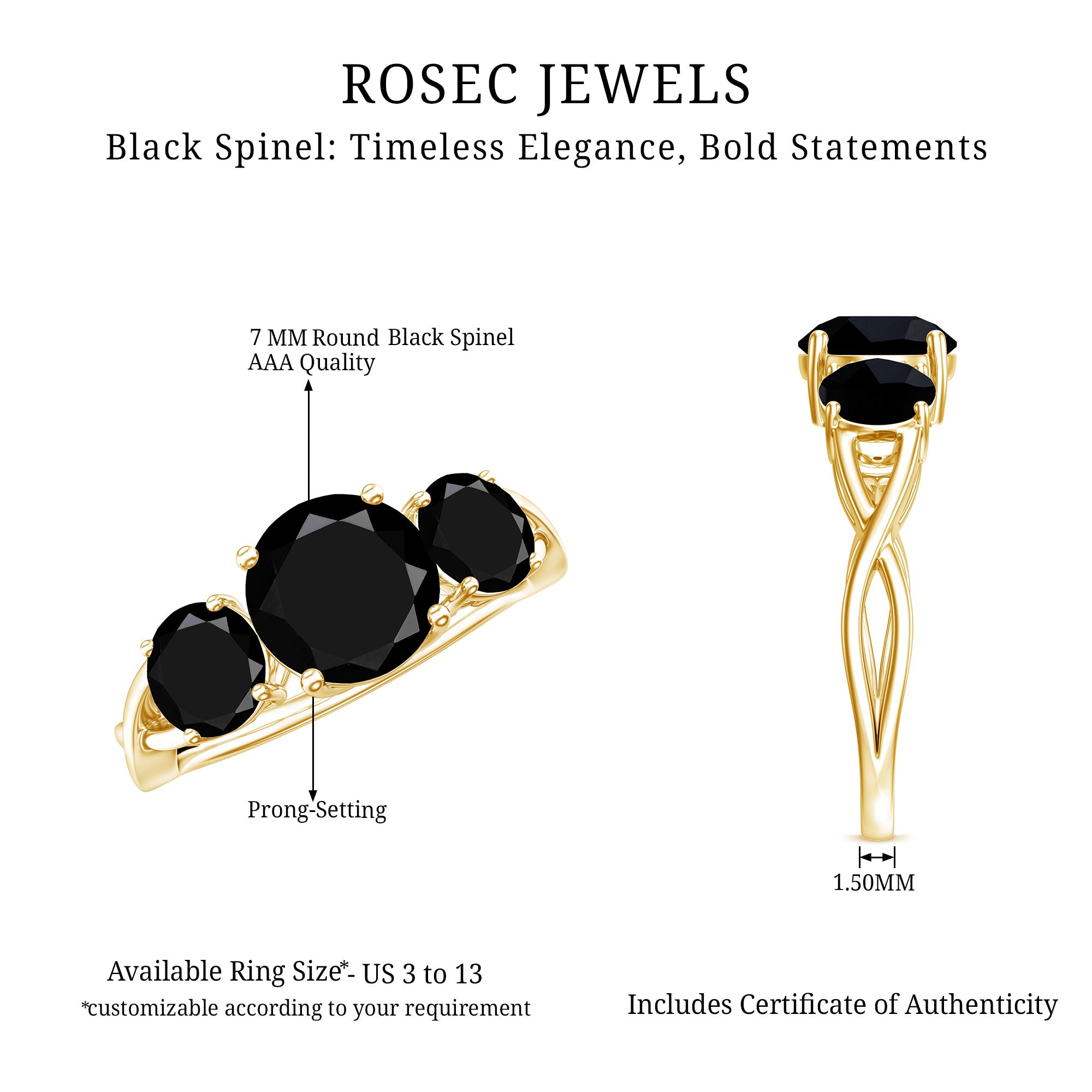 Natural Black Spinel 3 Stone Engagement Ring for Women AAA - Rosec Jewels
